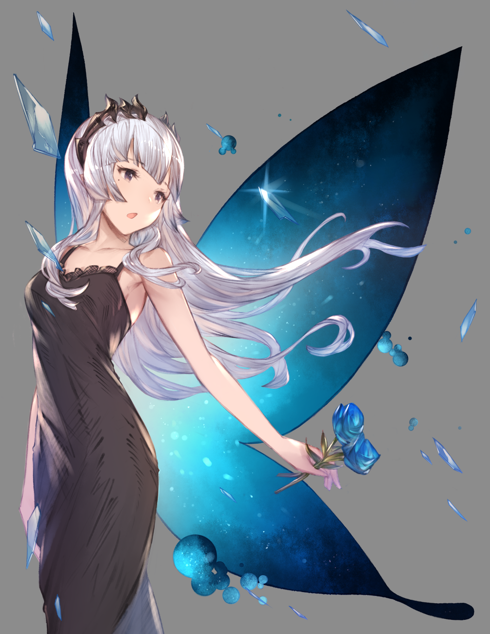 Anime girl with white hair and blue butterfly wings HD Phone Wallpaper