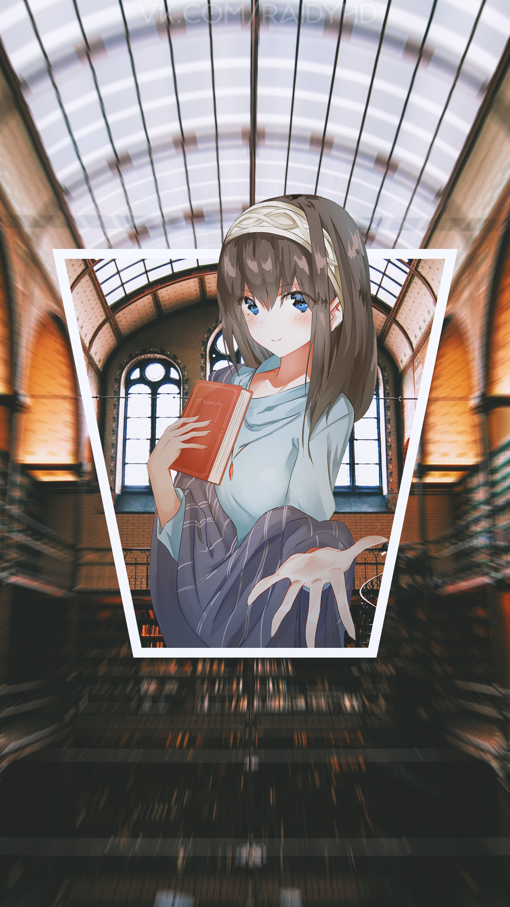 Anime girl with book in library HD Phone Wallpaper