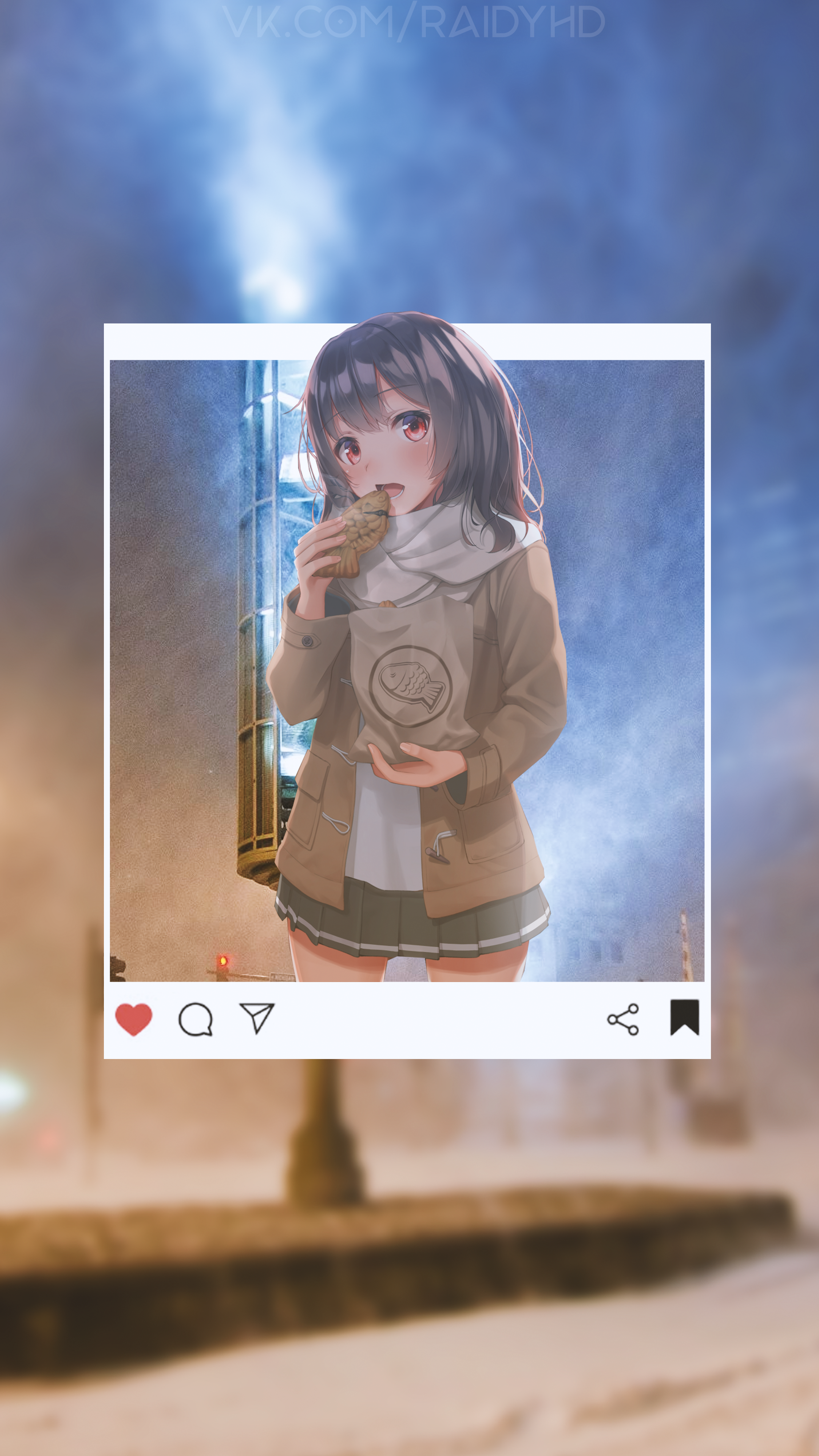 Anime girl eating taiyaki in winter street HD Phone Wallpaper