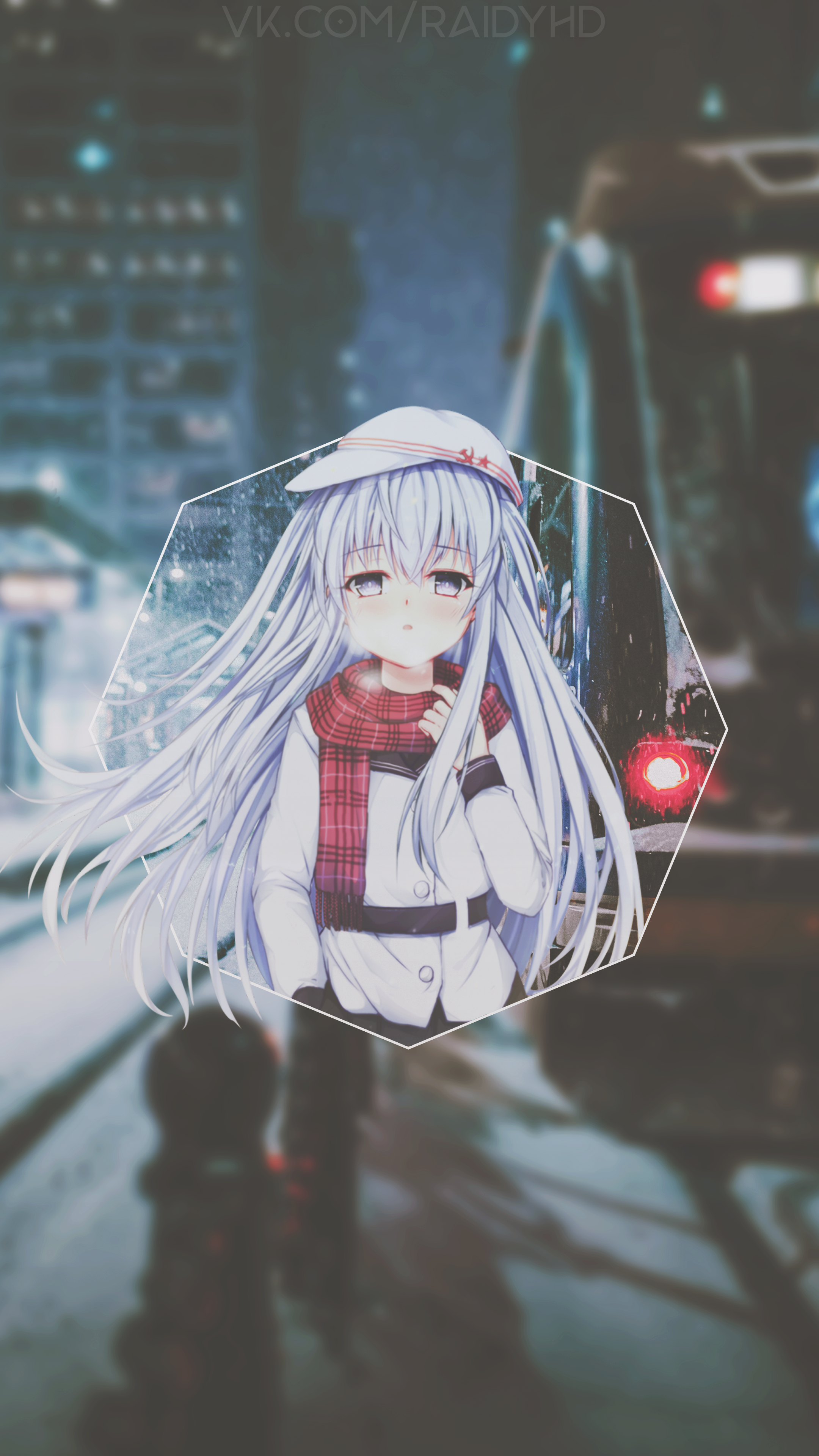 Anime girl with white hair and red scarf HD Phone Wallpaper