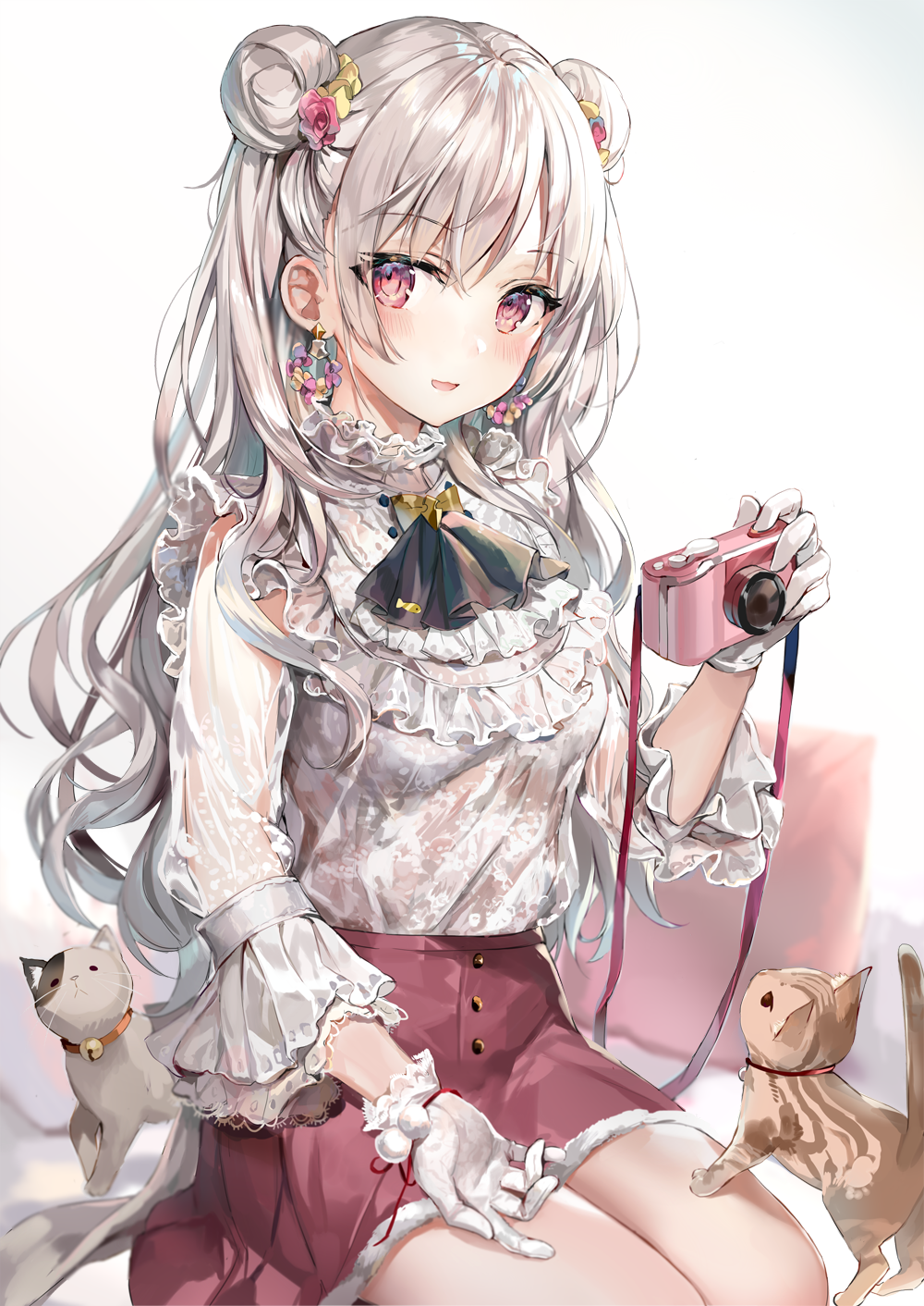 Anime girl with white hair holding a pink camera with cats HD Phone Wallpaper
