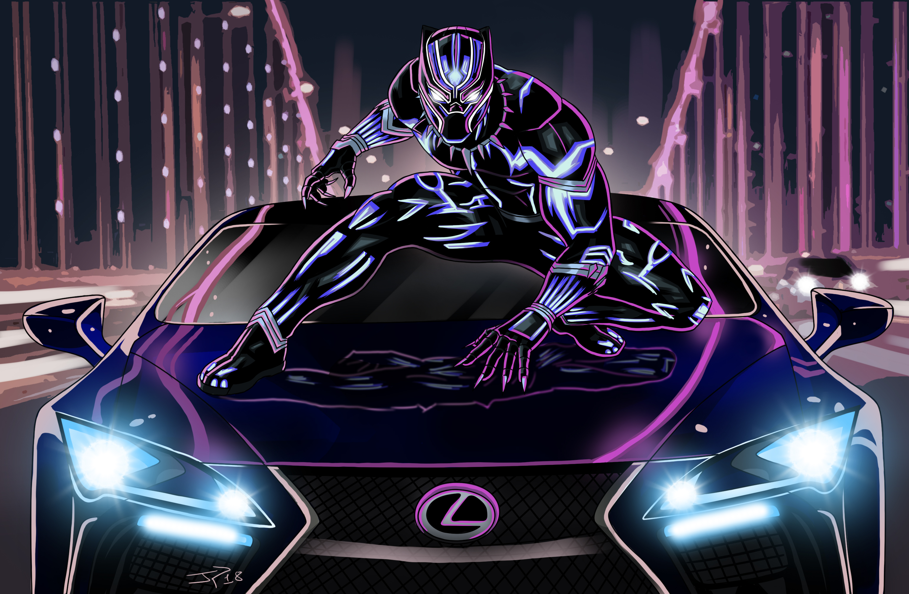 Artwork, Neon art, Lexus LC 500, Black Panther HD Wallpaper