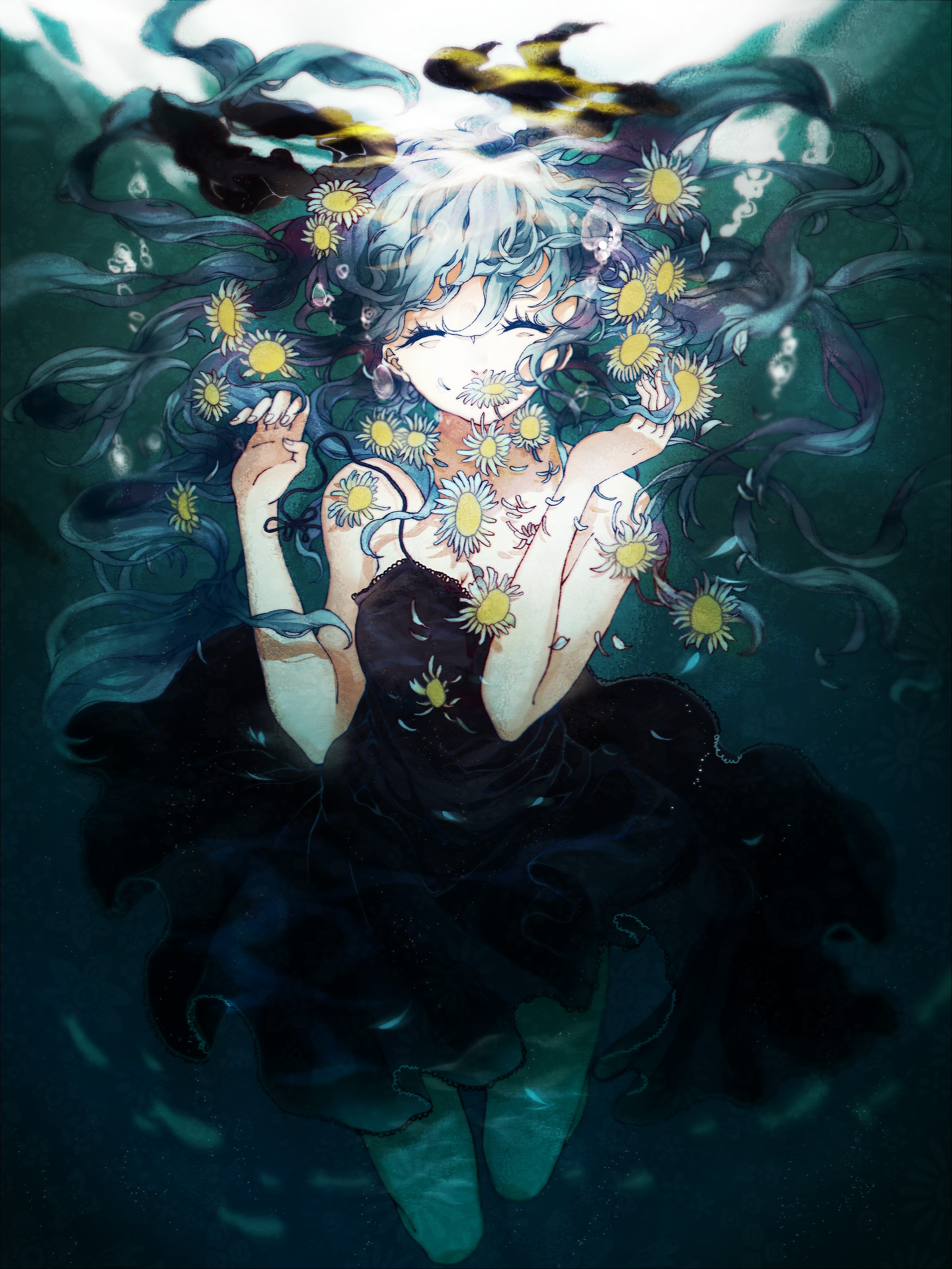 Hatsune Miku underwater surrounded by flowers HD Phone Wallpaper