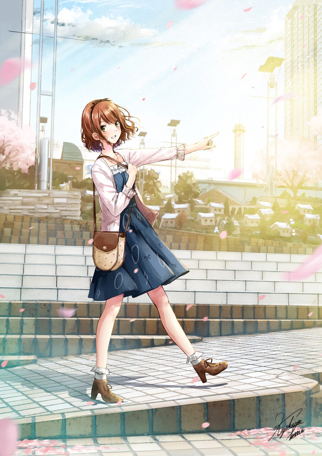 Anime girl in blue dress walking on stairs with cherry blossoms HD Phone Wallpaper