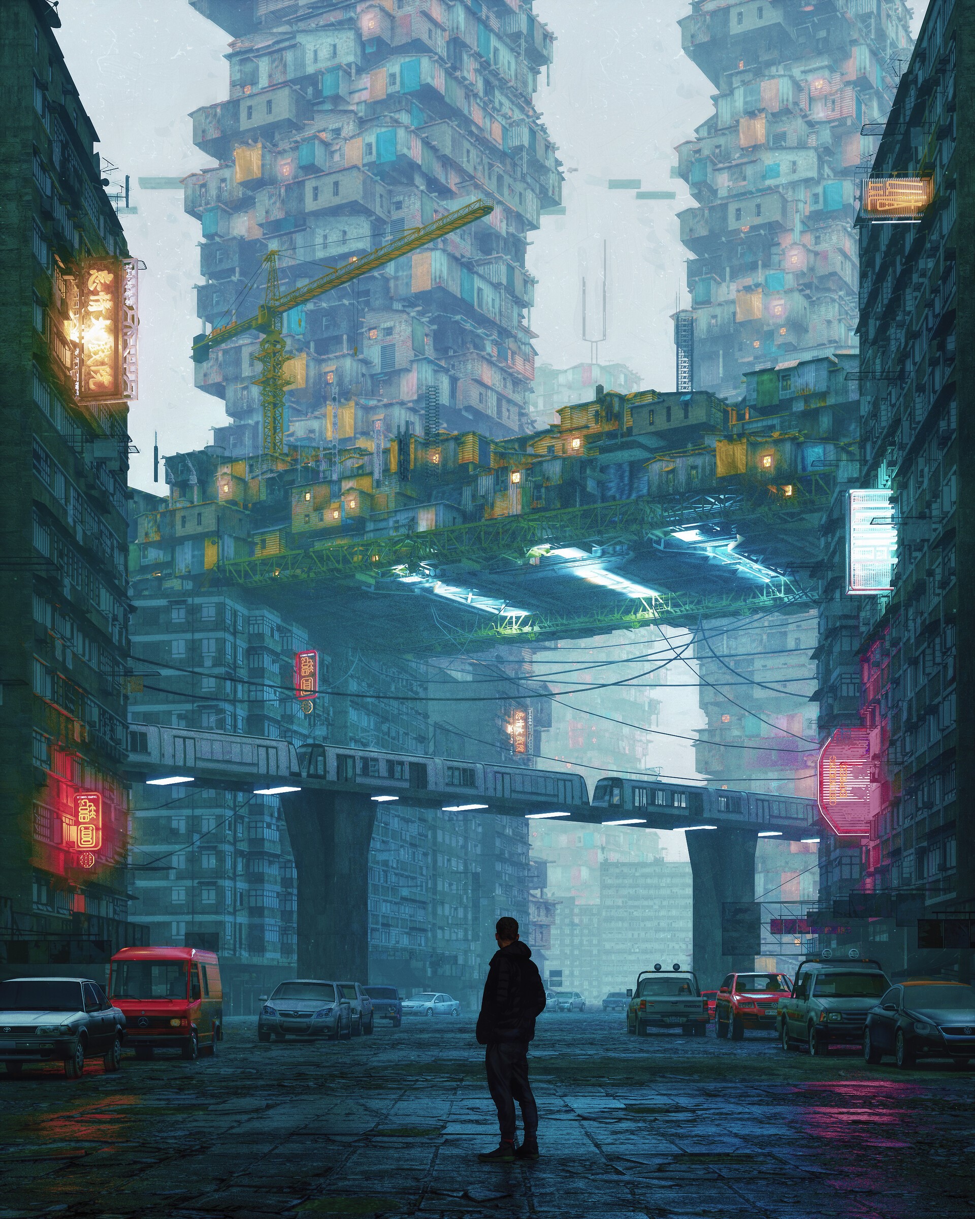 Futuristic city with towering buildings and a man HD Phone Wallpaper