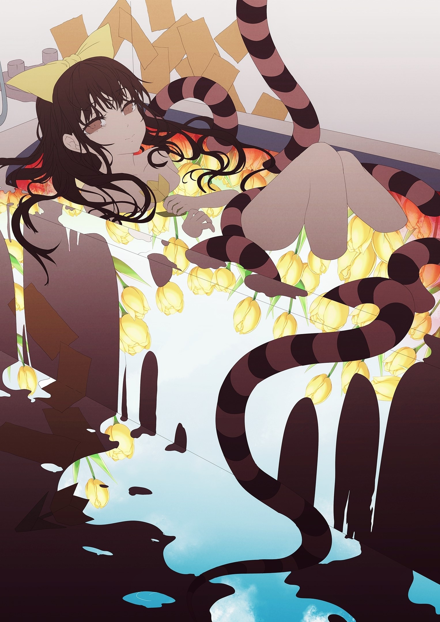 Anime girl with tentacles and yellow flowers HD Phone Wallpaper