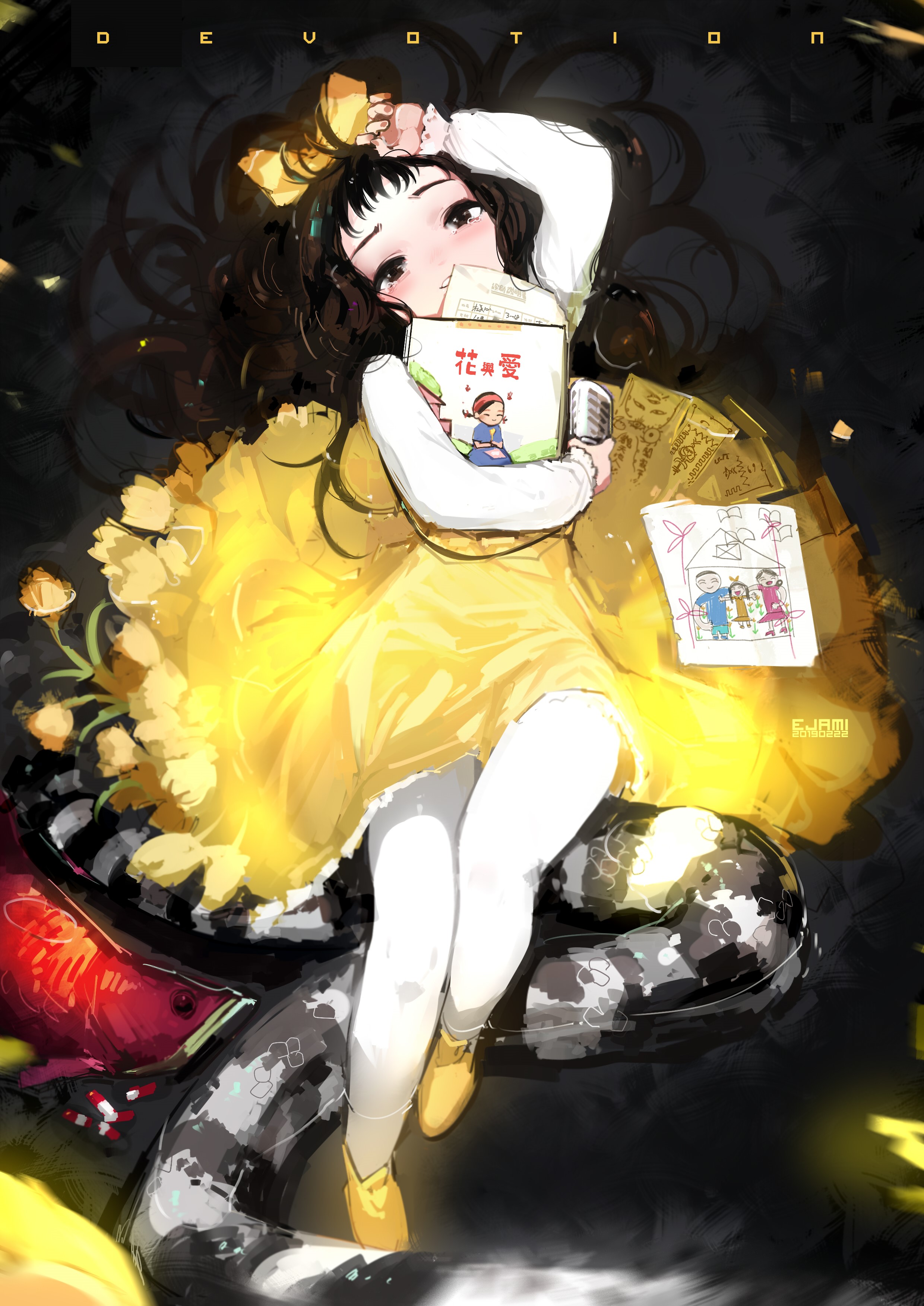 Anime girl in yellow dress holding a book HD Phone Wallpaper