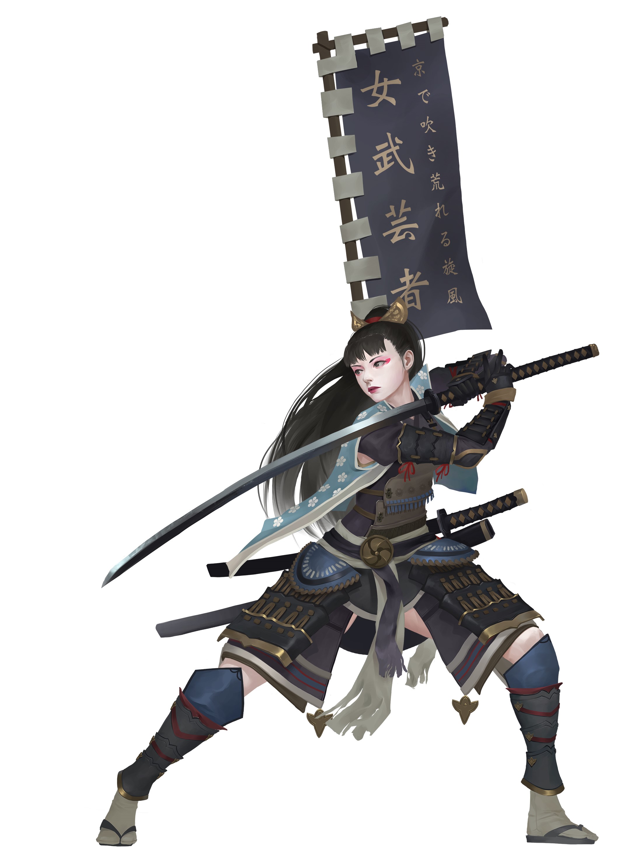 Anime girl samurai with banner and swords HD Phone Wallpaper