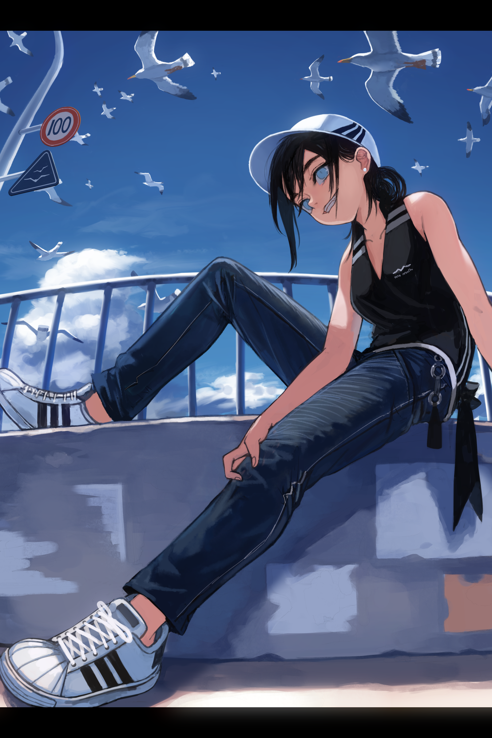 Anime girl in cap and jeans with seagulls HD Phone Wallpaper