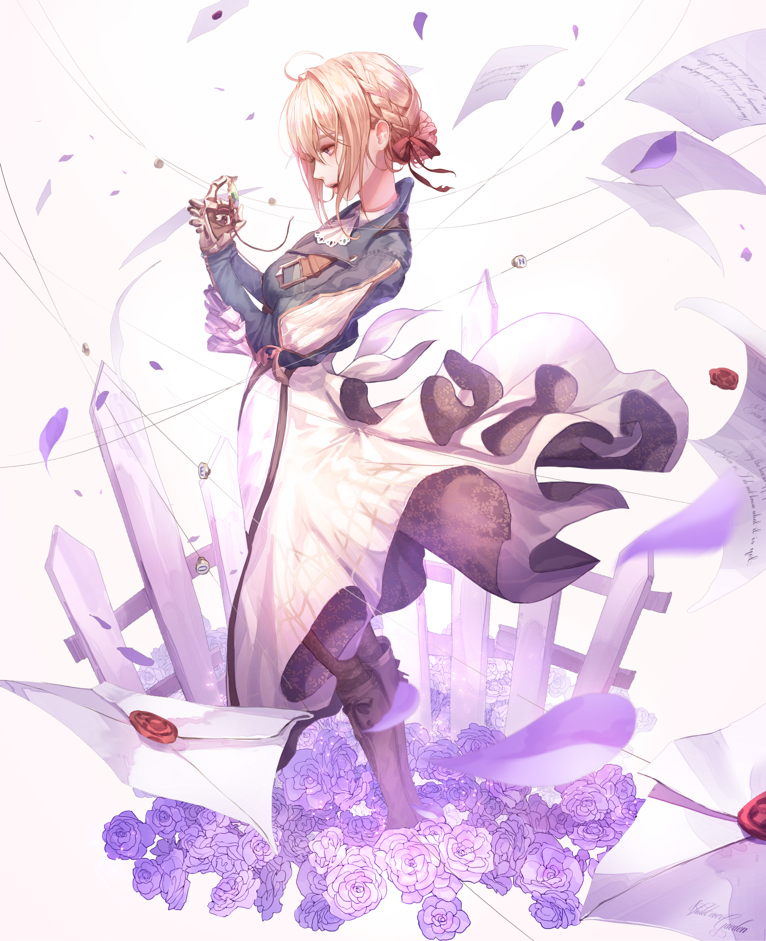 Violet Evergarden surrounded by letters and flowers HD Phone Wallpaper