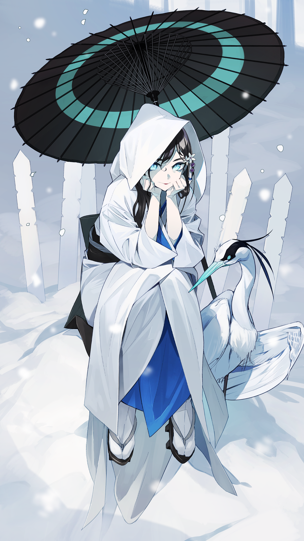 Anime girl in white kimono with umbrella and crane HD Phone Wallpaper