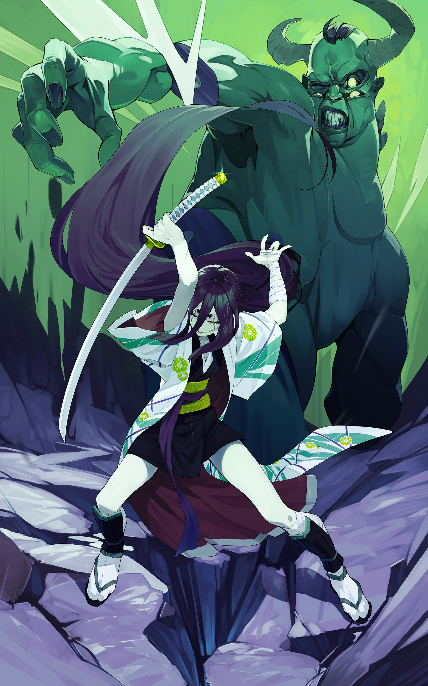 Anime girl with katana fights a demon HD Phone Wallpaper
