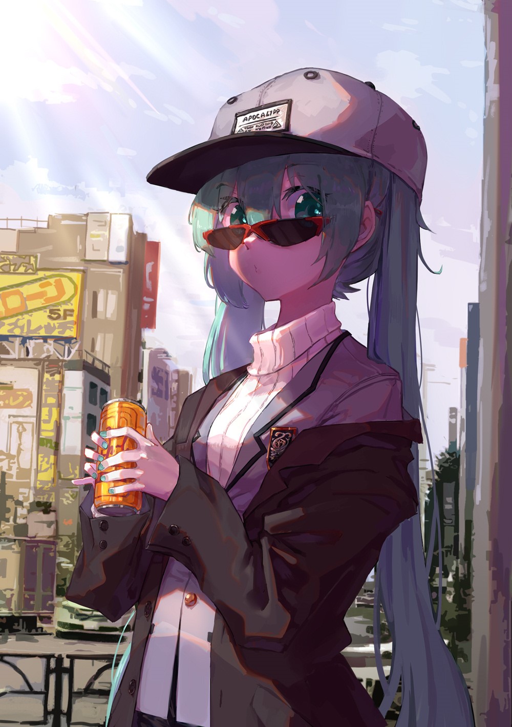 Hatsune Miku from Vocaloid with a drink HD Phone Wallpaper