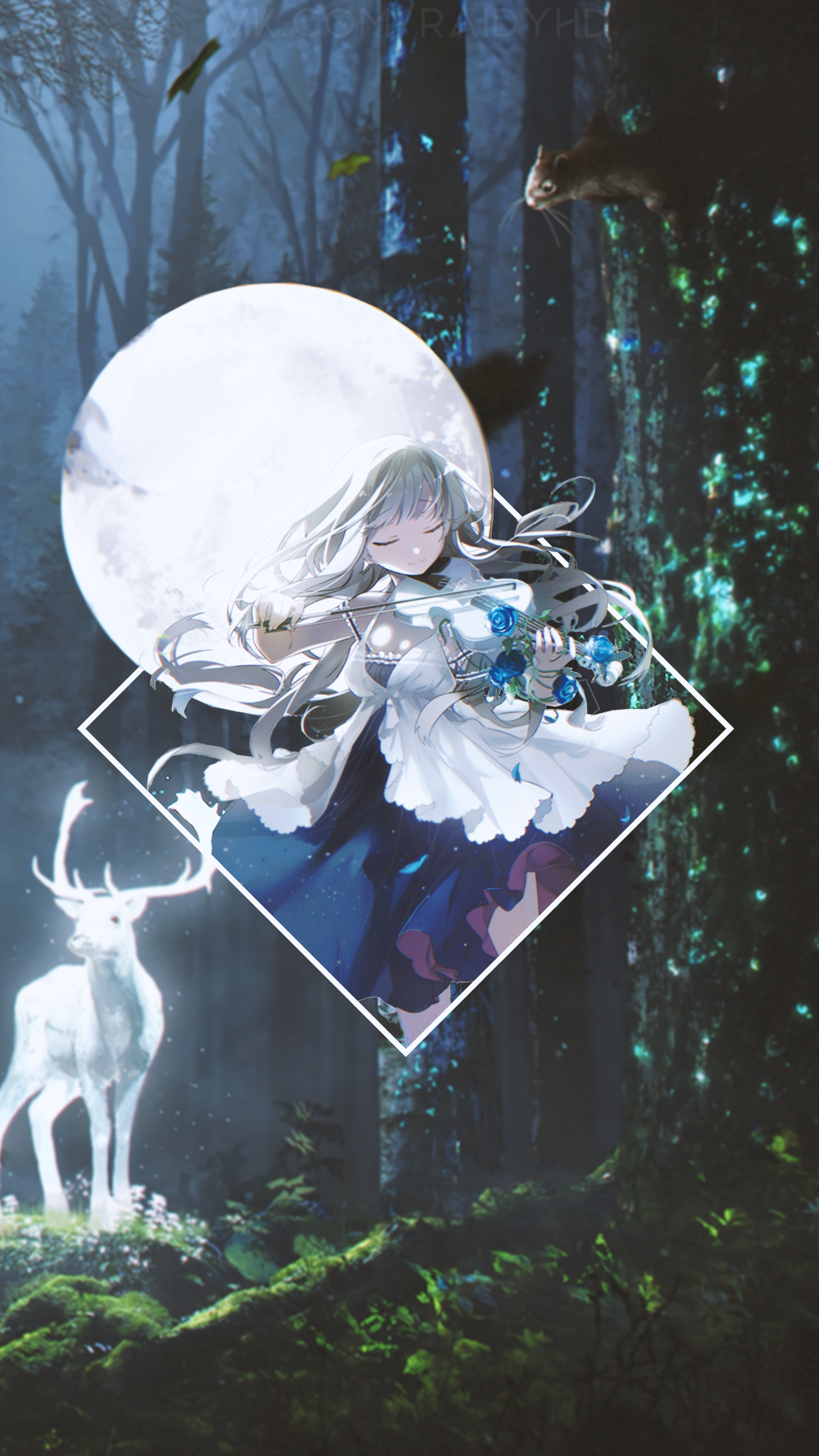 Anime girl playing violin in a forest with a deer HD Phone Wallpaper