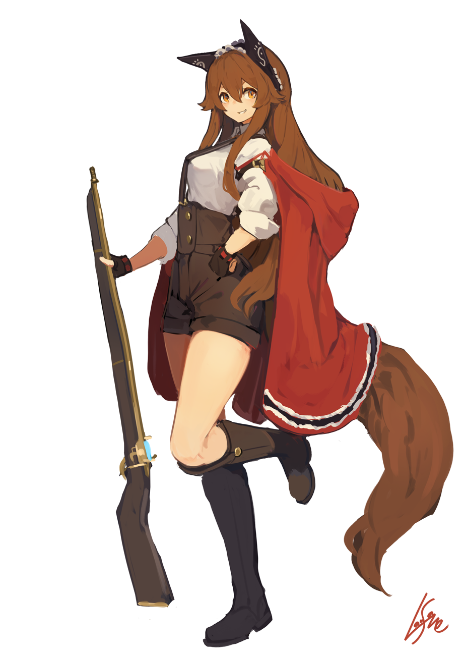 Anime girl with fox ears and tail holding a rifle HD Phone Wallpaper