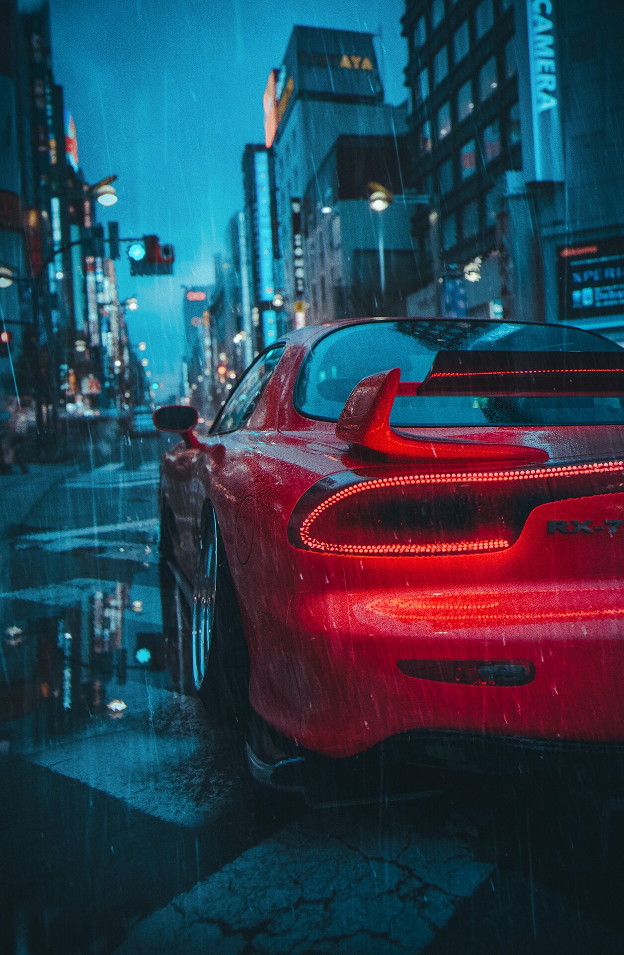 Red Mazda RX-7 FD in rainy city at night HD Phone Wallpaper