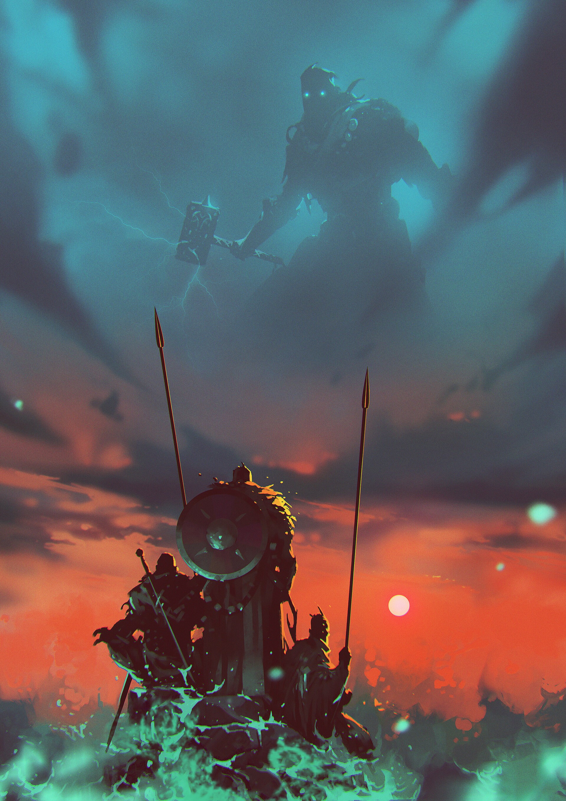 Thor and Viking warriors in a stormy sky HD Phone Wallpaper