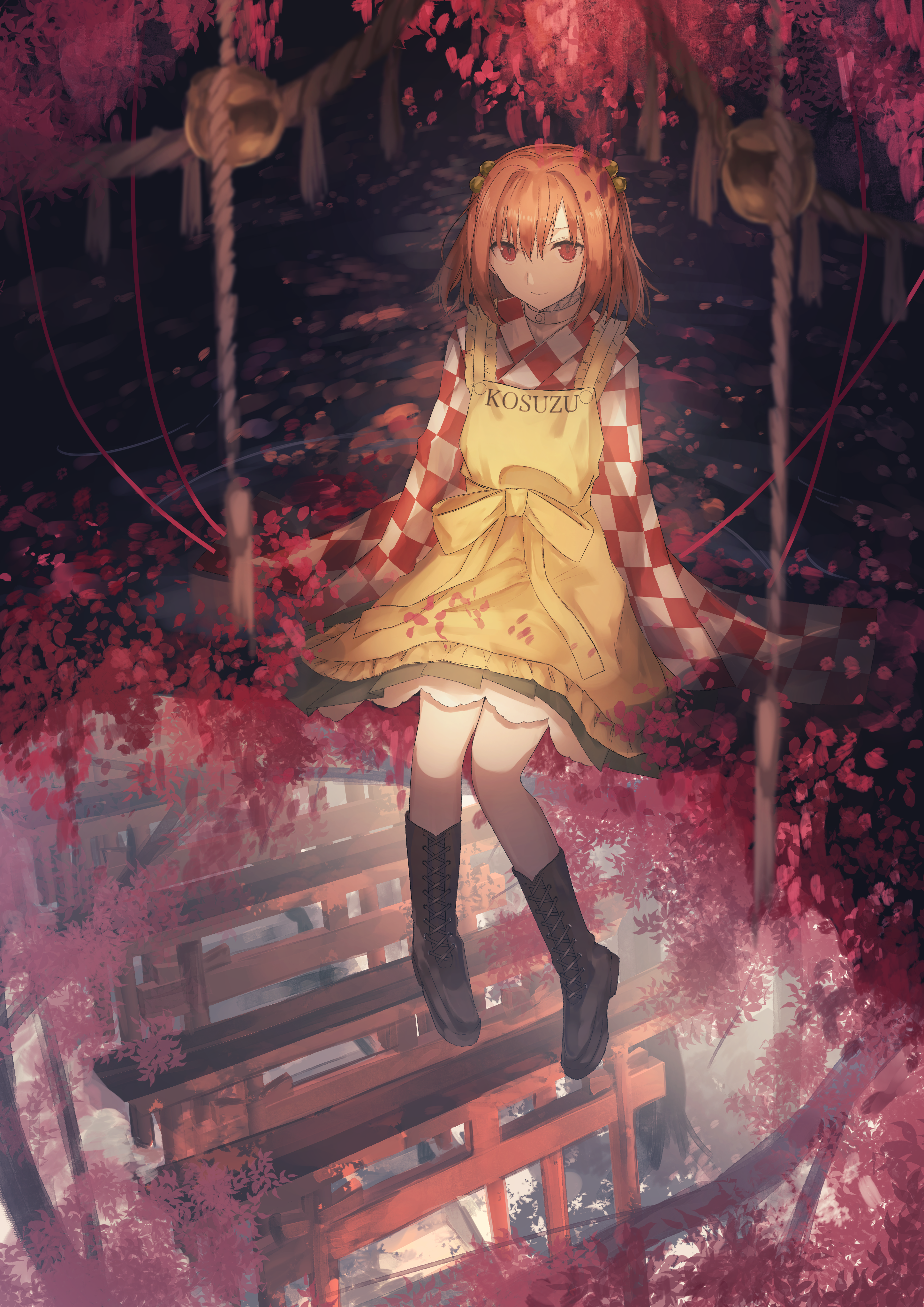 Kosuzu Motoori from Touhou surrounded by red leaves HD Phone Wallpaper