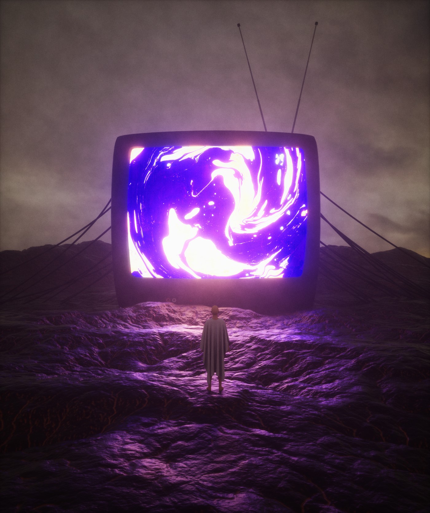Surreal digital art render of a person watching a television HD Phone Wallpaper
