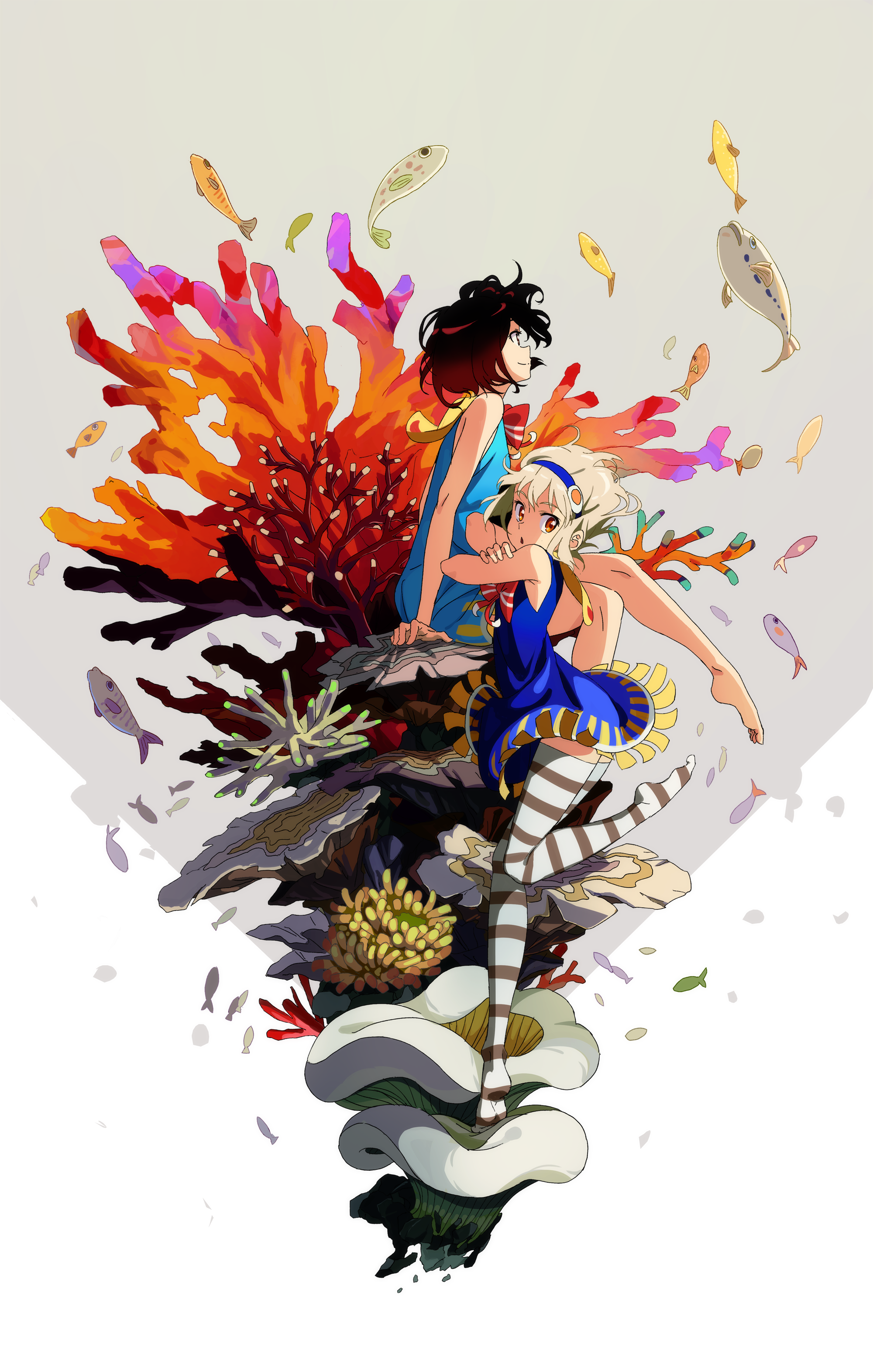 Two anime girls with coral and fish HD Phone Wallpaper