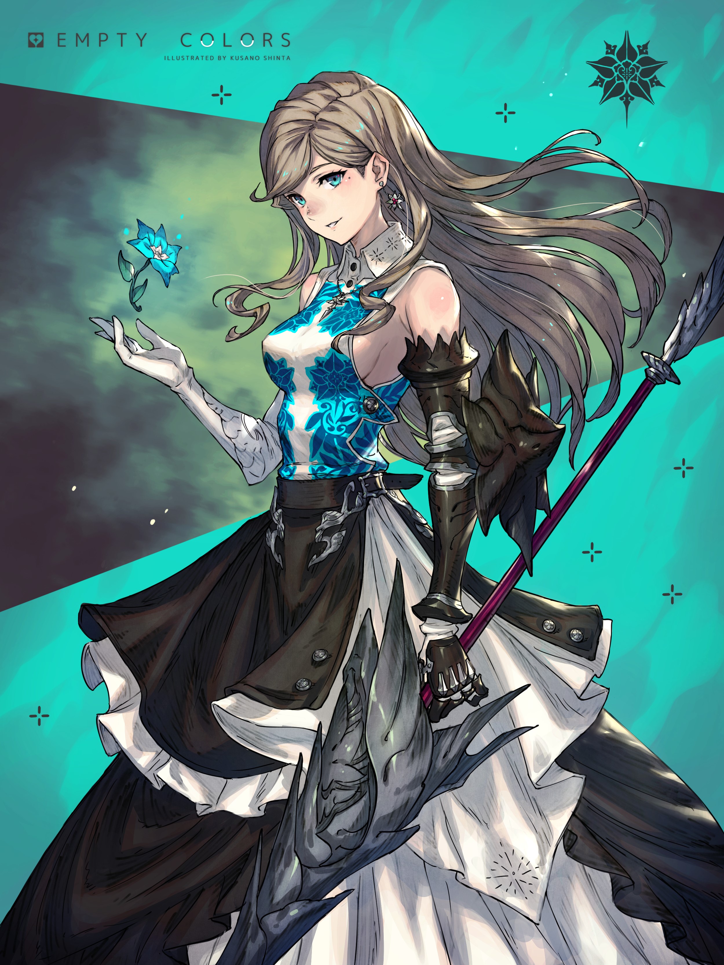 Anime girl with blue flower and staff HD Phone Wallpaper