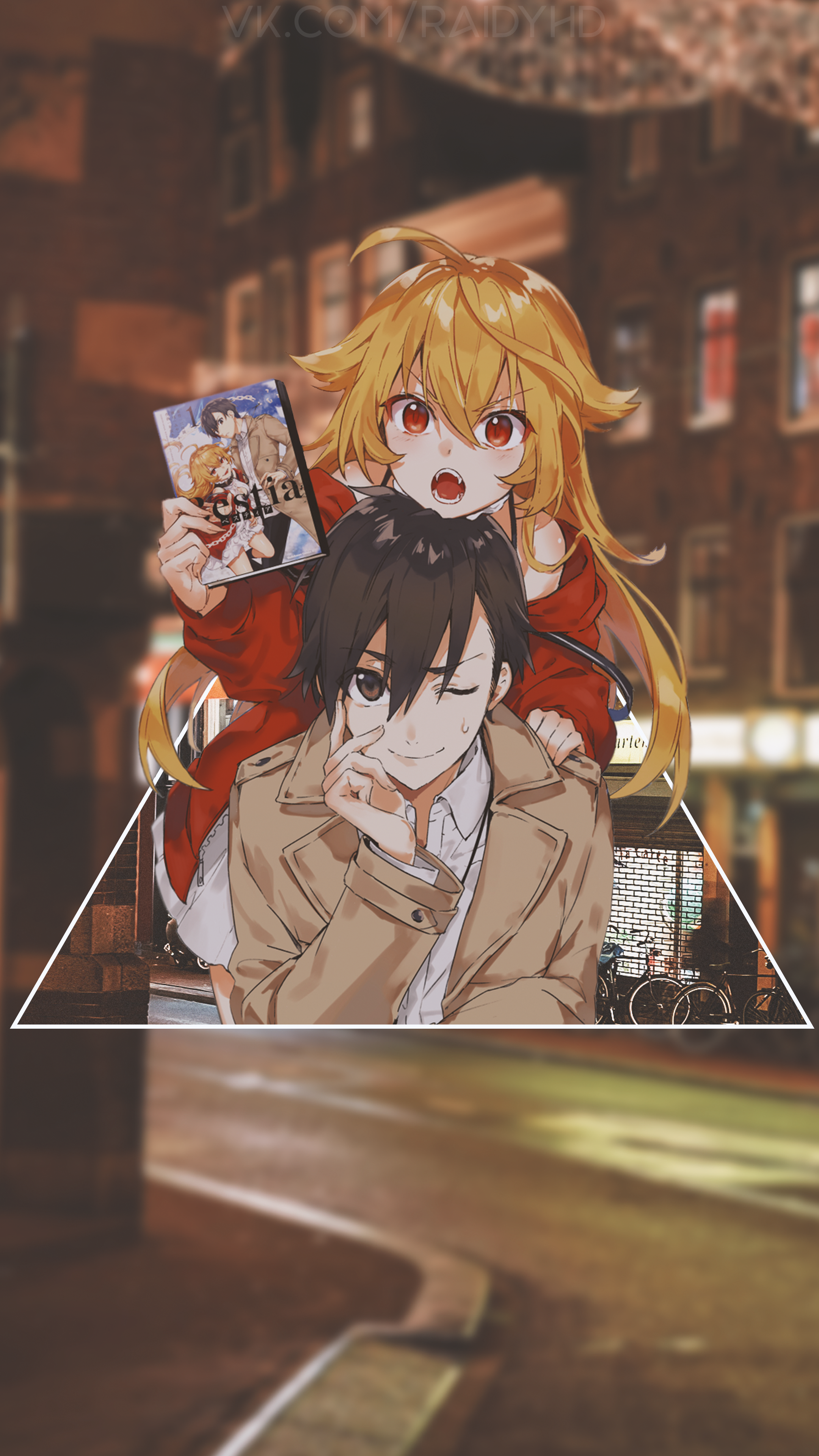 Anime characters holding a book in a city at night HD Phone Wallpaper