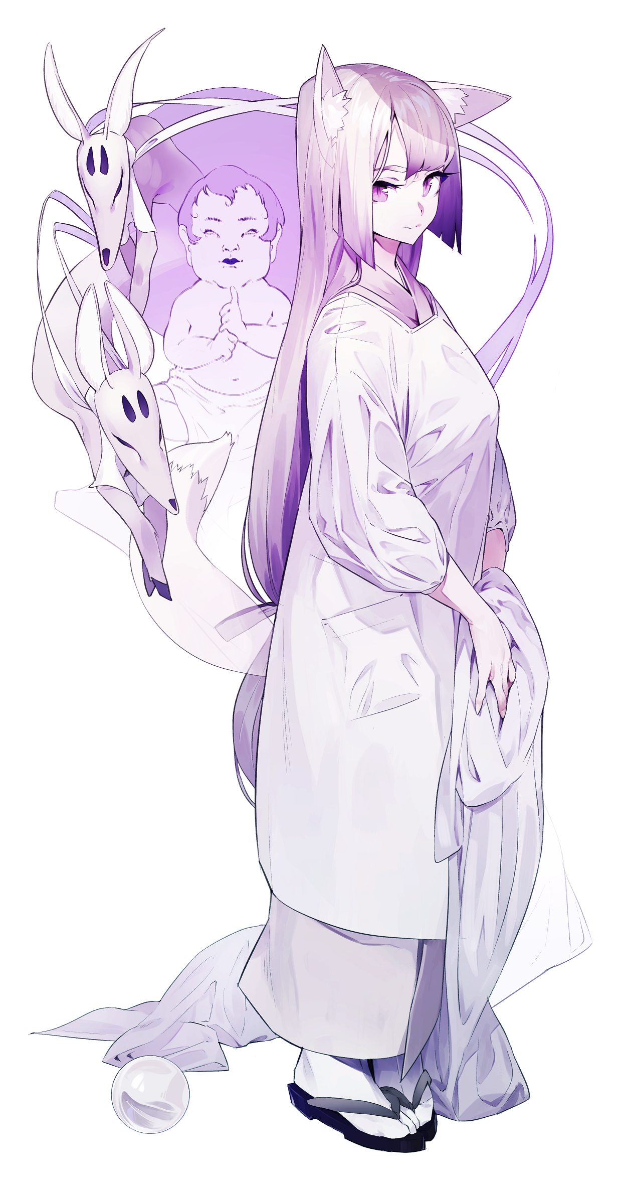 Anime girl with fox ears and a baby spirit HD Phone Wallpaper