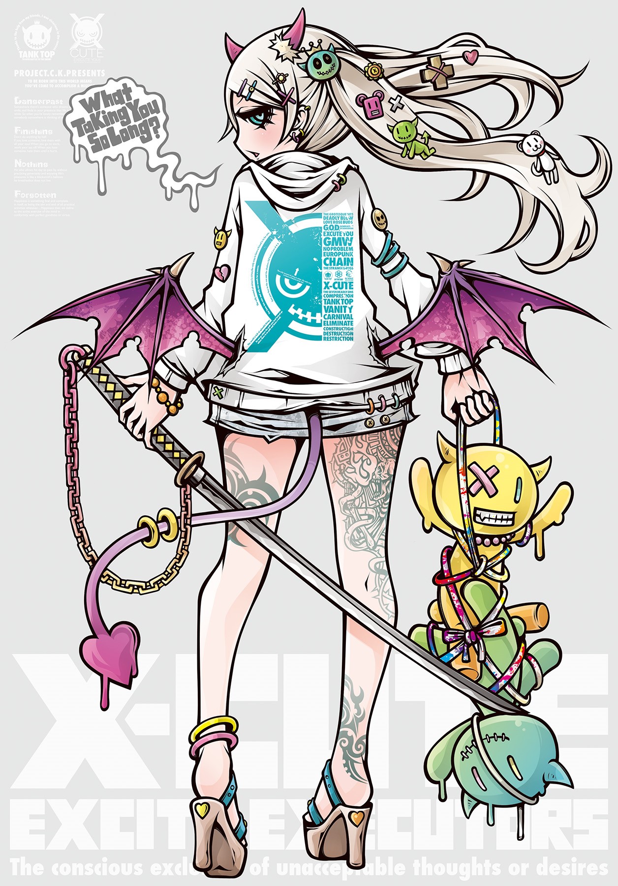 Project.C.K. Anime Girl with Sword and Plush Toys HD Phone Wallpaper