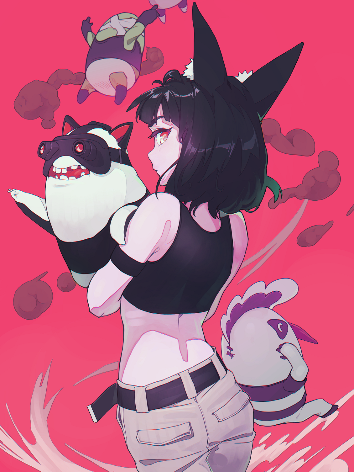 Anime girl with cat ears and creatures HD Phone Wallpaper