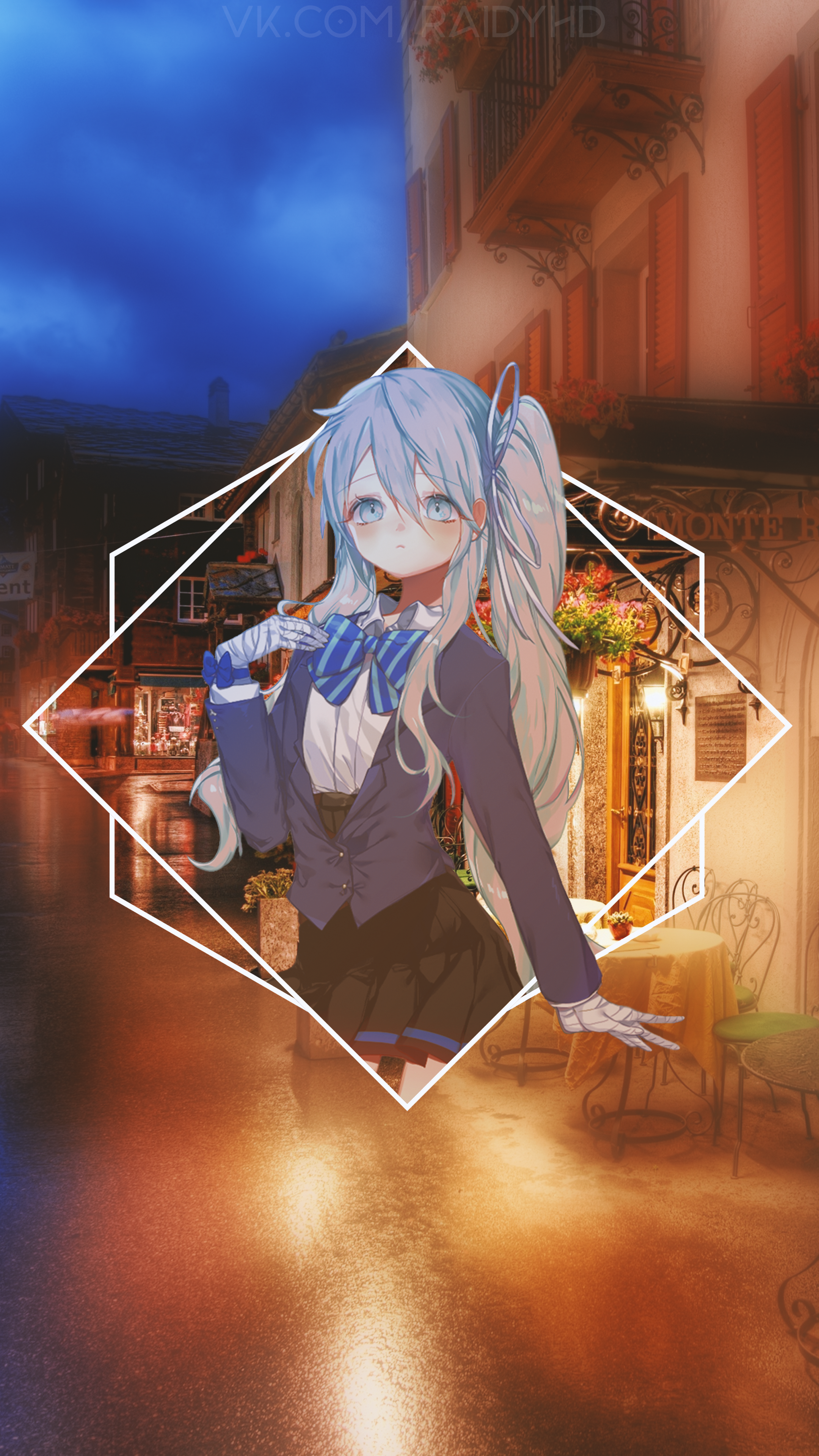 Anime girl in a school uniform in front of a European street cafe HD Phone Wallpaper