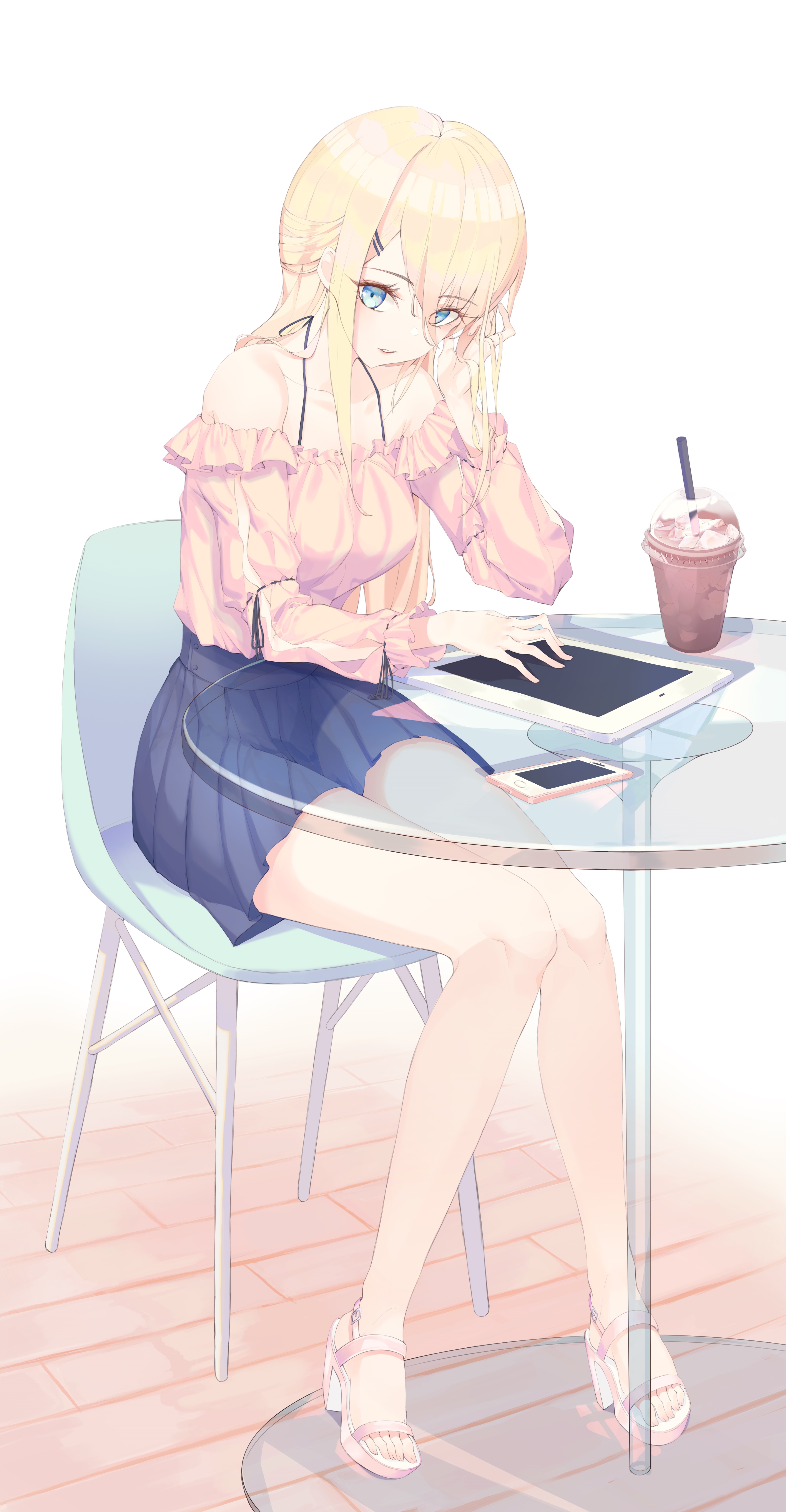 Anime girl with blonde hair and blue eyes at a cafe HD Phone Wallpaper