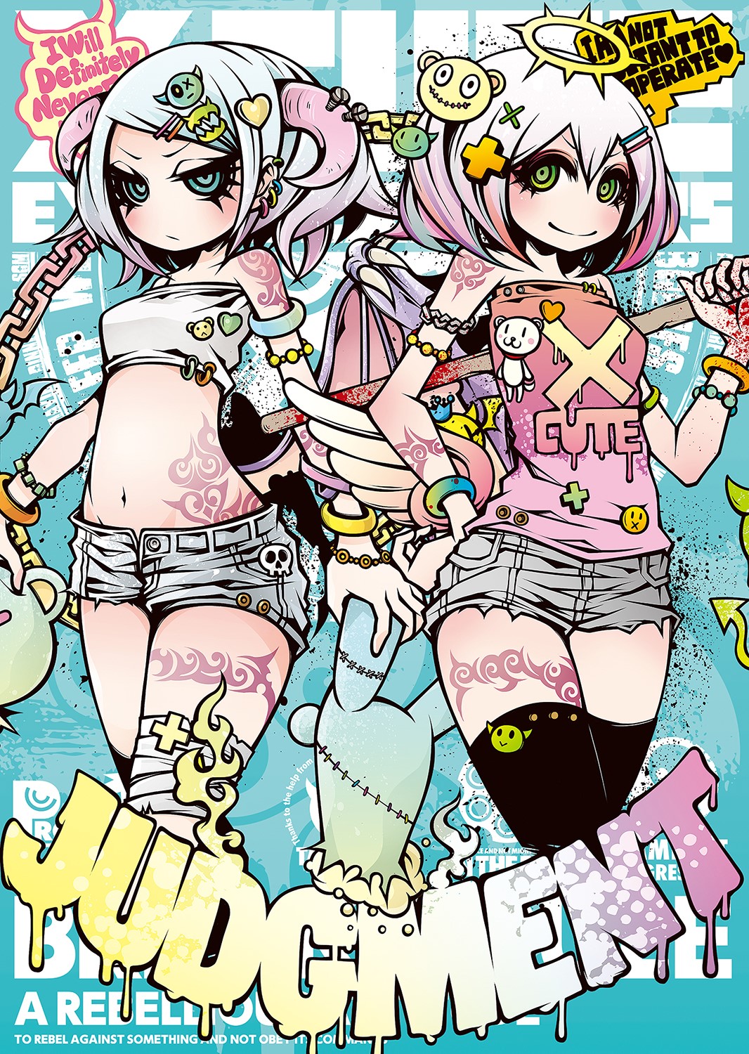 Two anime girls with tattoos and horns HD Phone Wallpaper