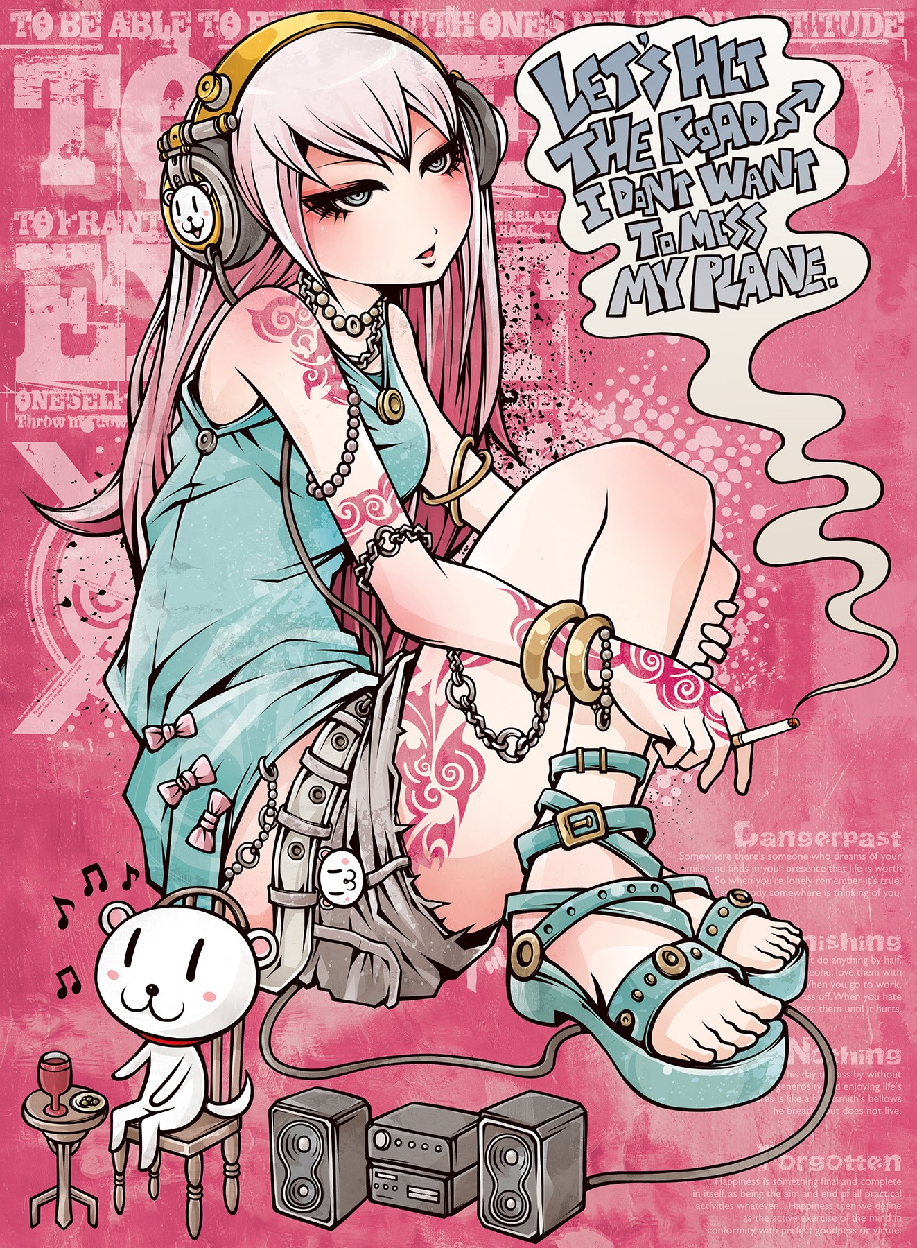 Anime girl with headphones and tattoos smoking HD Phone Wallpaper