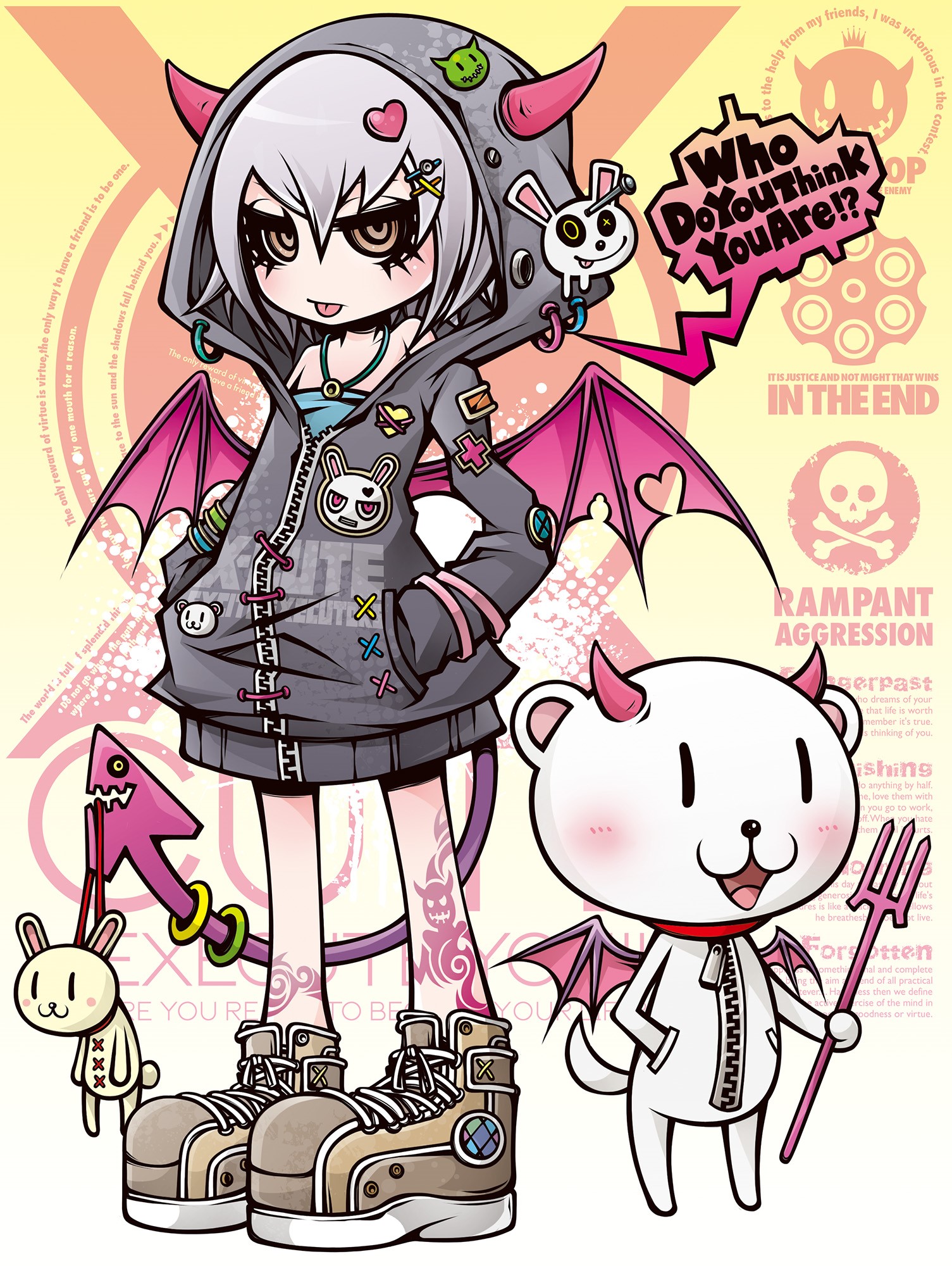 Anime girl with devil horns and wings with a bear HD Phone Wallpaper