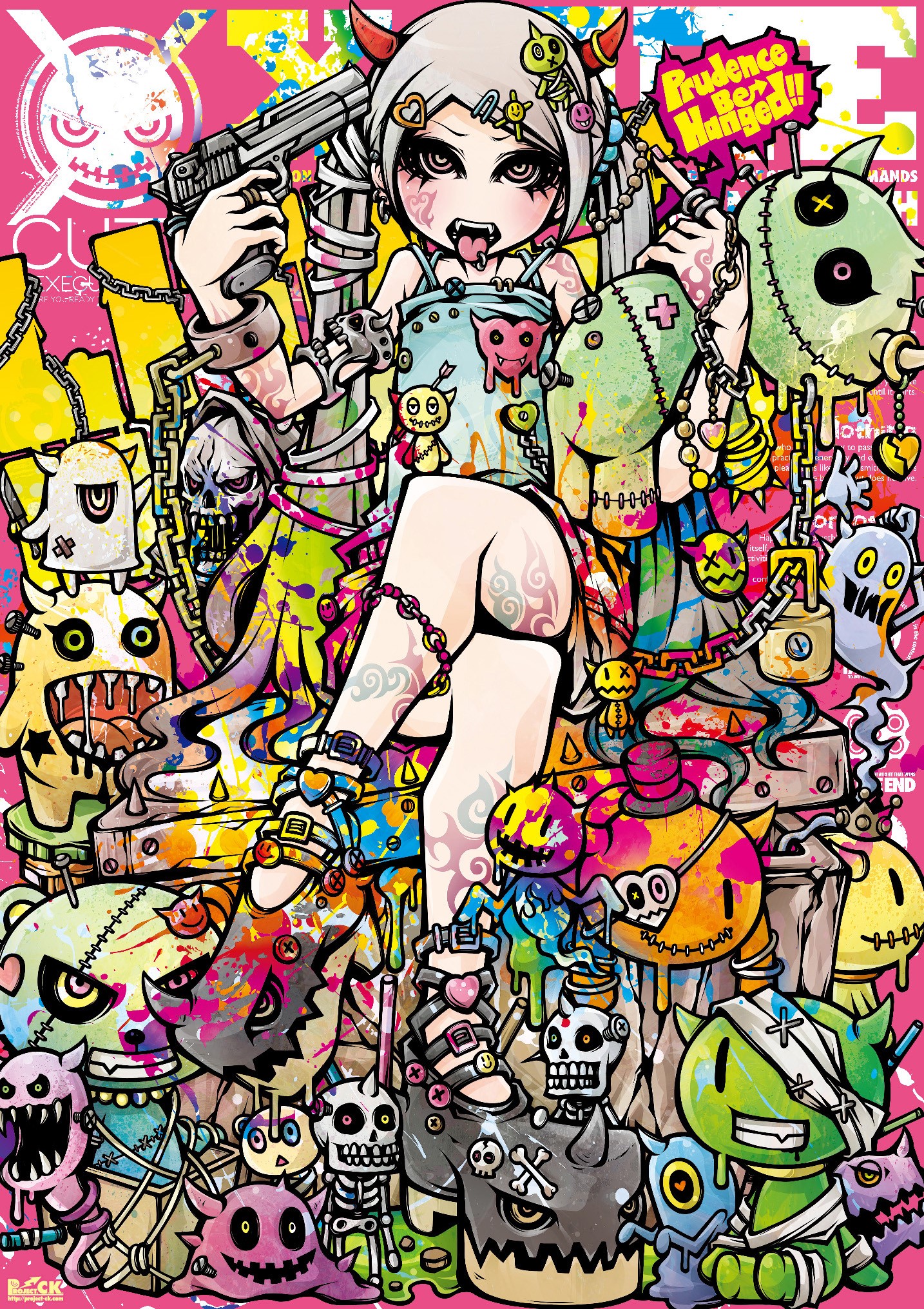 Anime Girl with Horns and Gun Surrounded by Monsters HD Phone Wallpaper