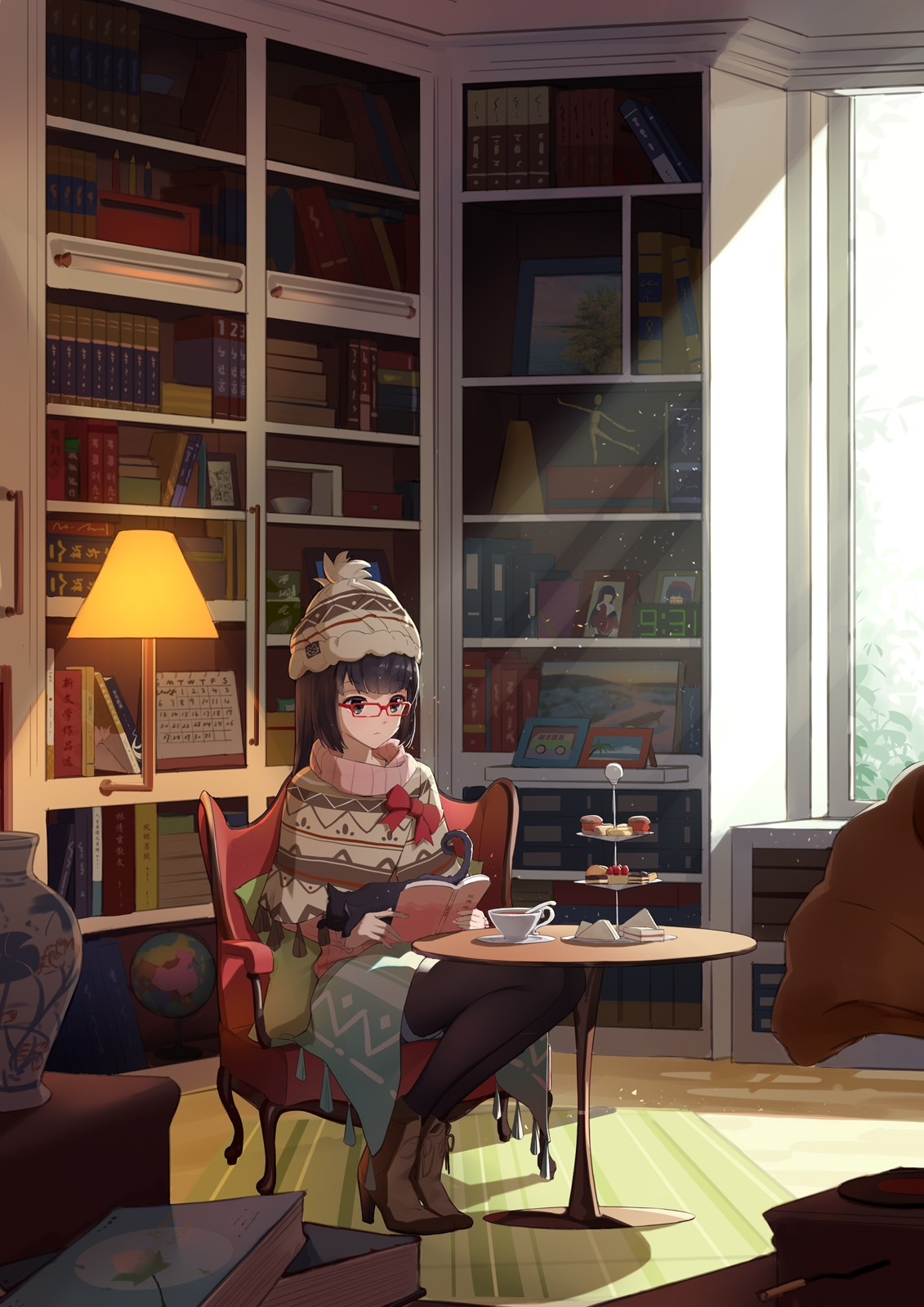 Anime girl with glasses reading a book in a library HD Phone Wallpaper