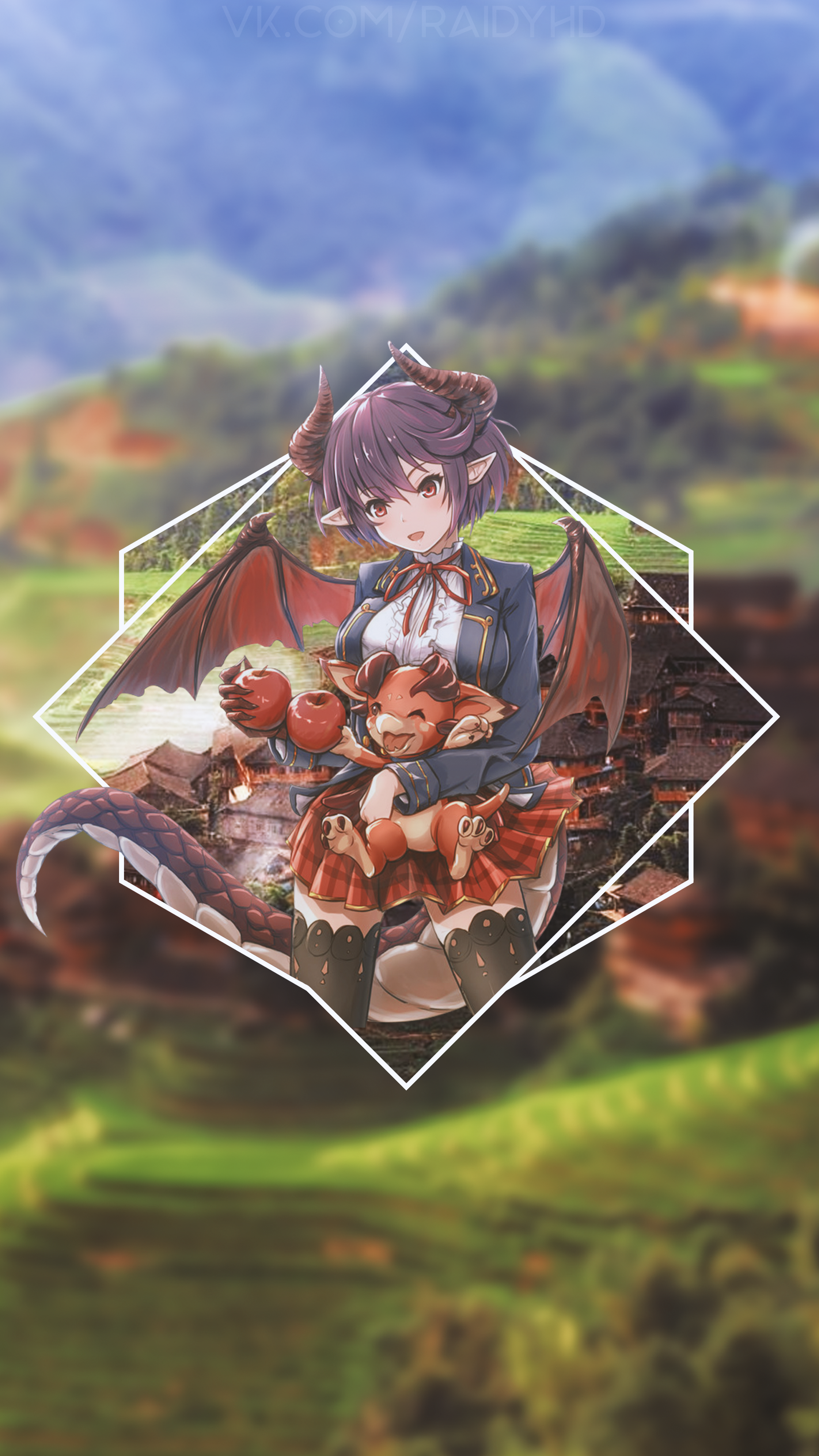 Anime girl with dragon and apples HD Phone Wallpaper