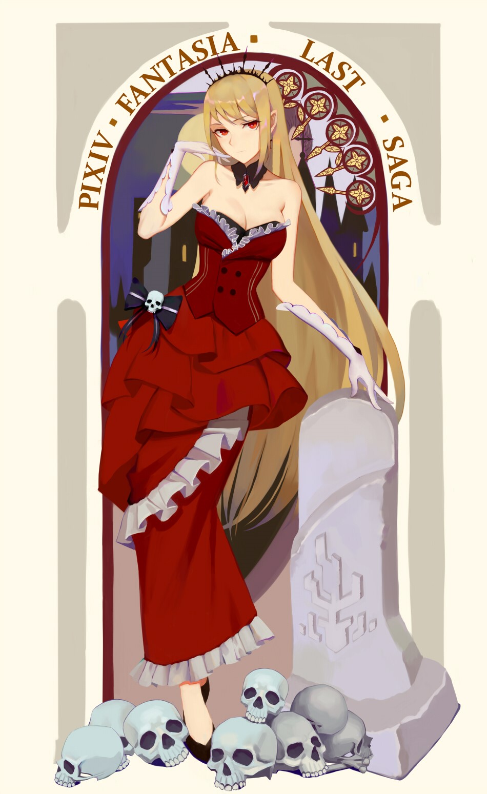 Anime girl in red dress with skulls HD Phone Wallpaper