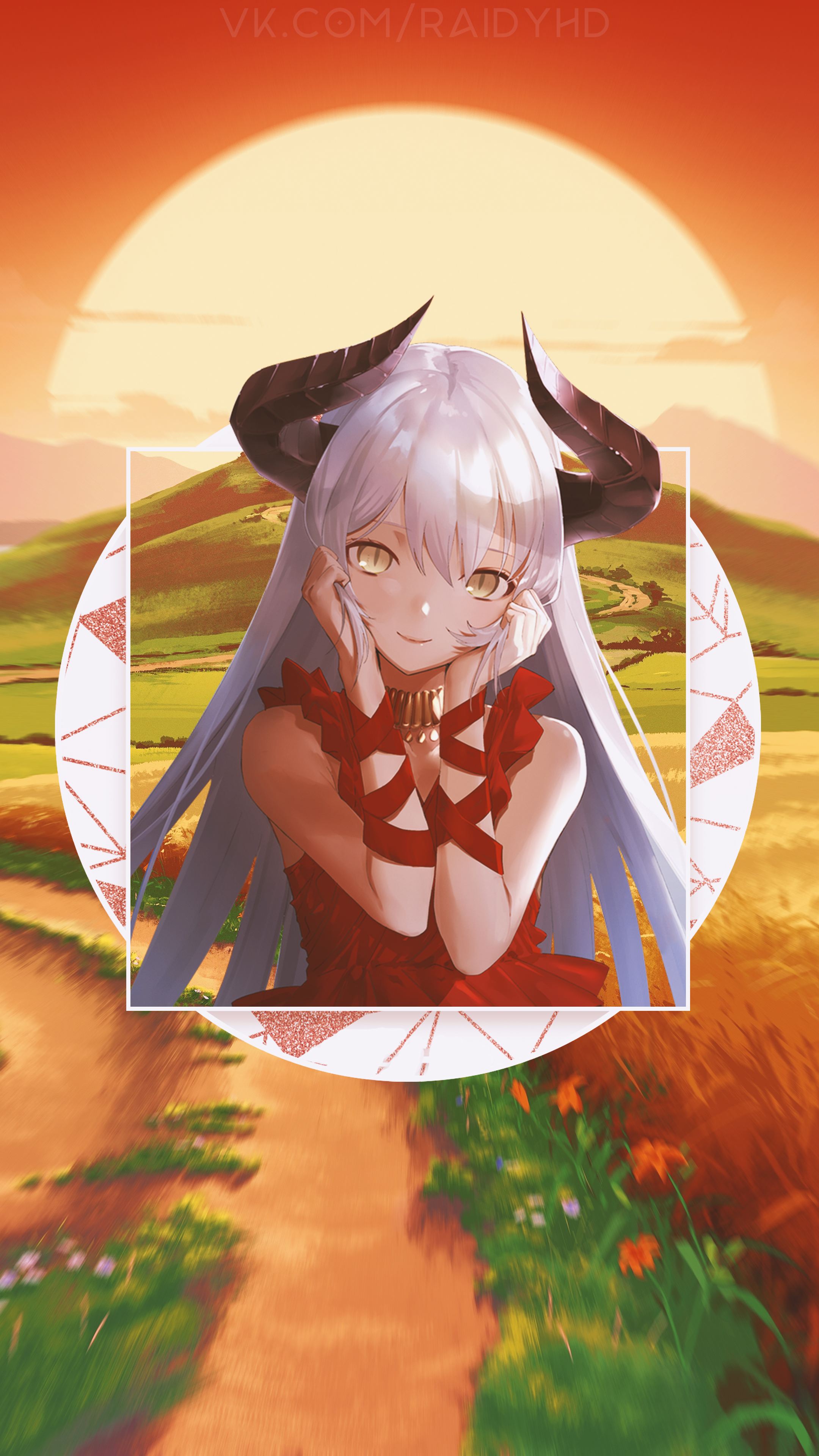 Anime girl with horns in a red dress HD Phone Wallpaper