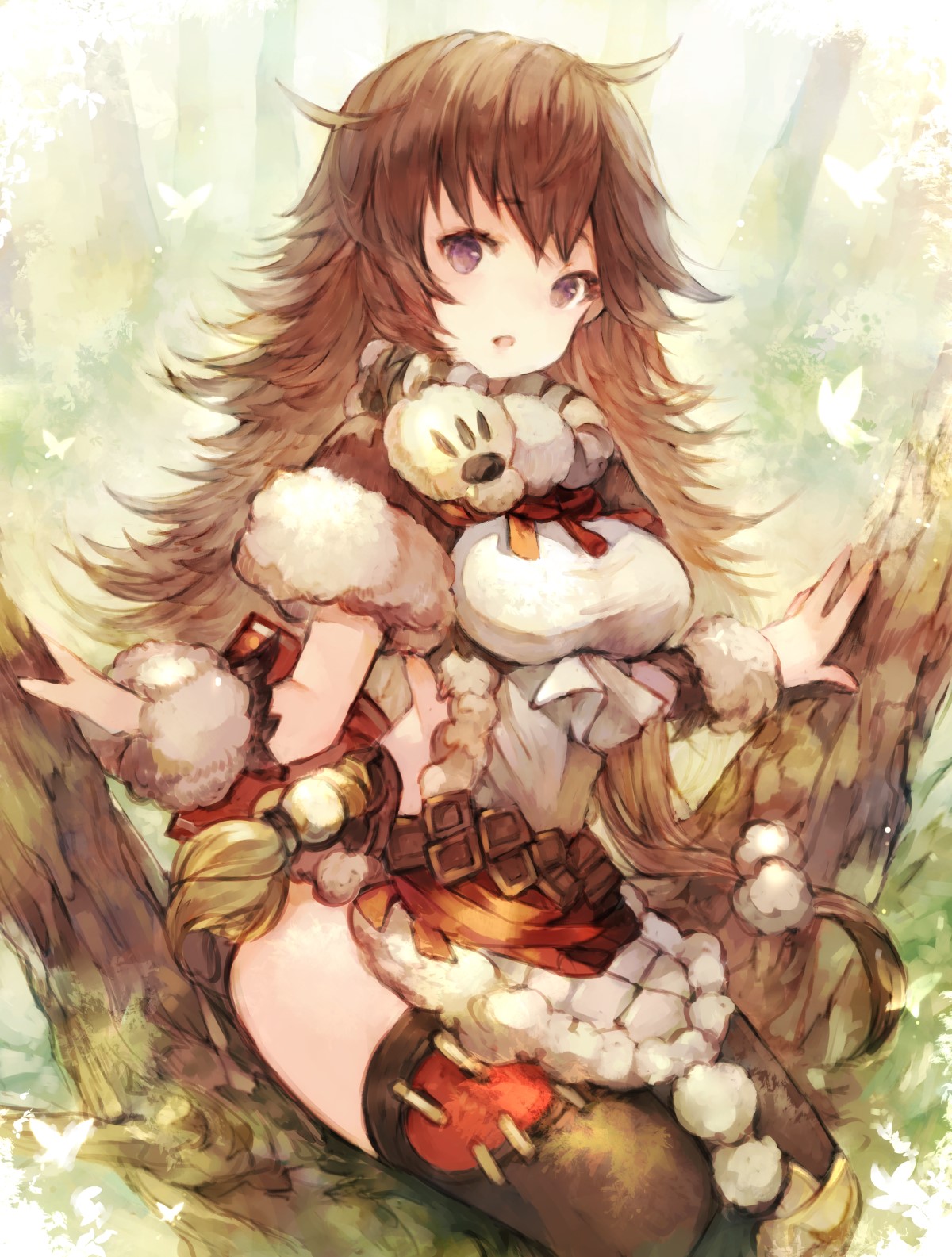 Anime girl with brown hair and teddy bear in forest HD Phone Wallpaper