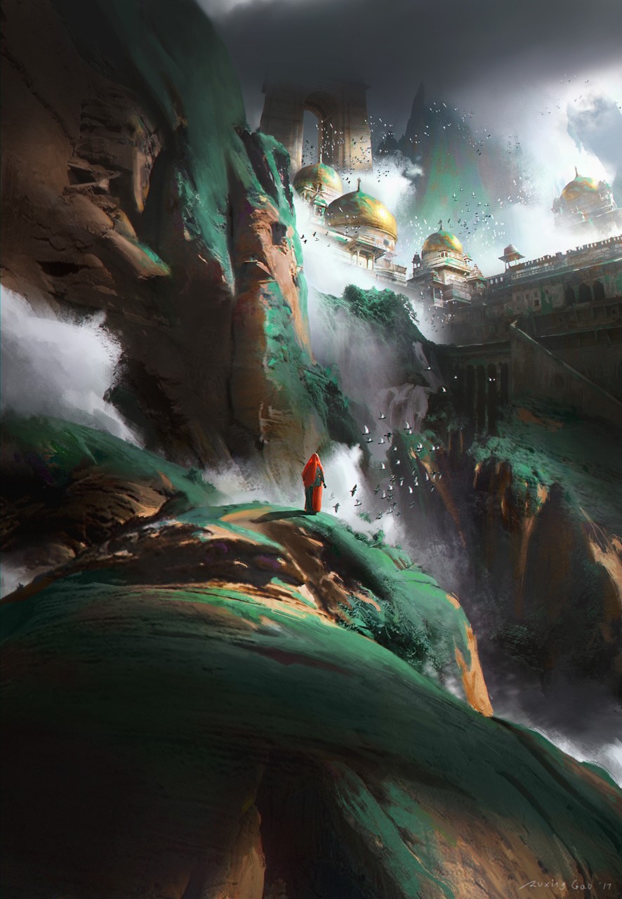 Fantasy landscape with monk and golden domed buildings HD Phone Wallpaper