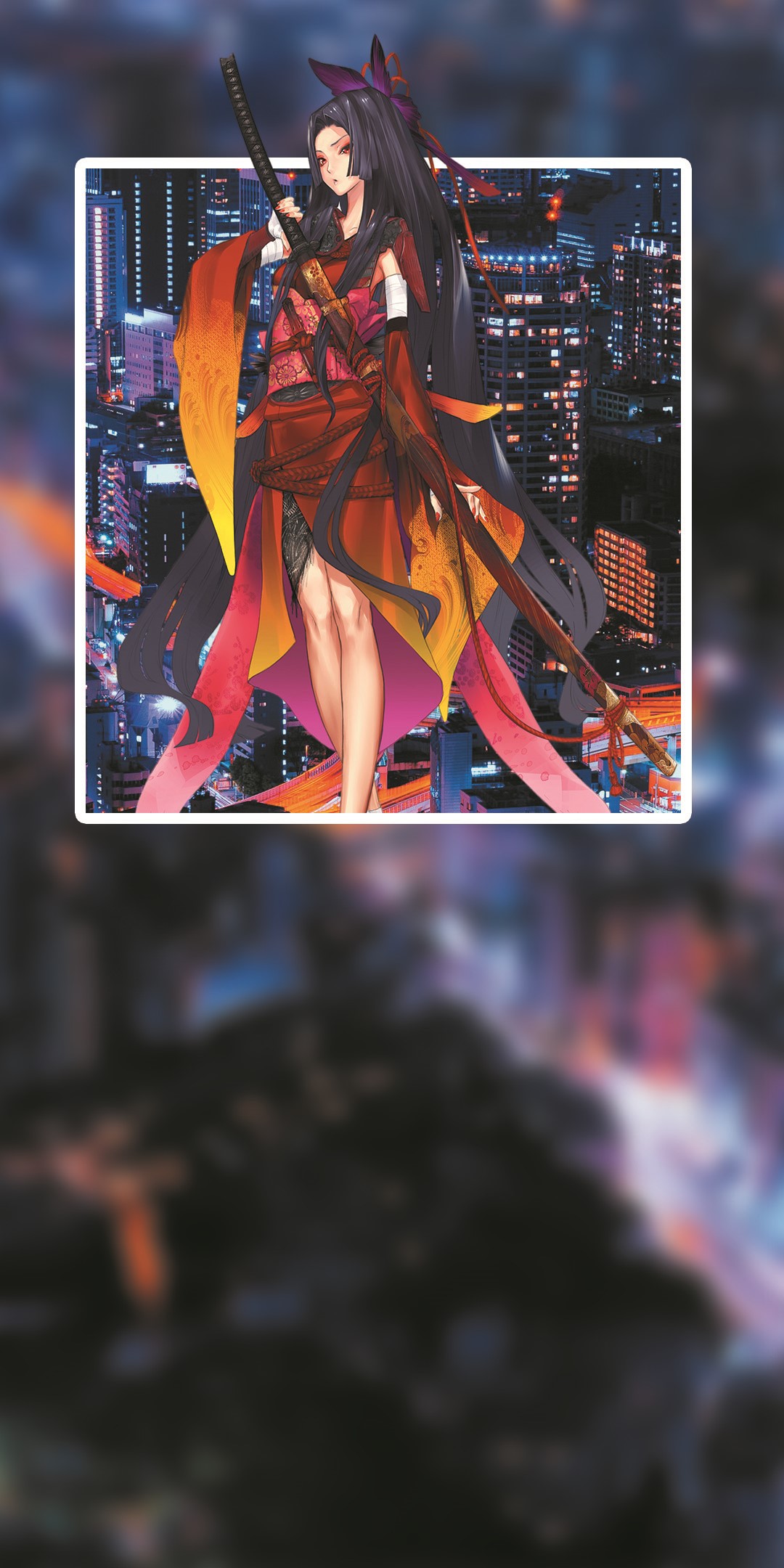 Anime girl with sword in front of city HD Phone Wallpaper