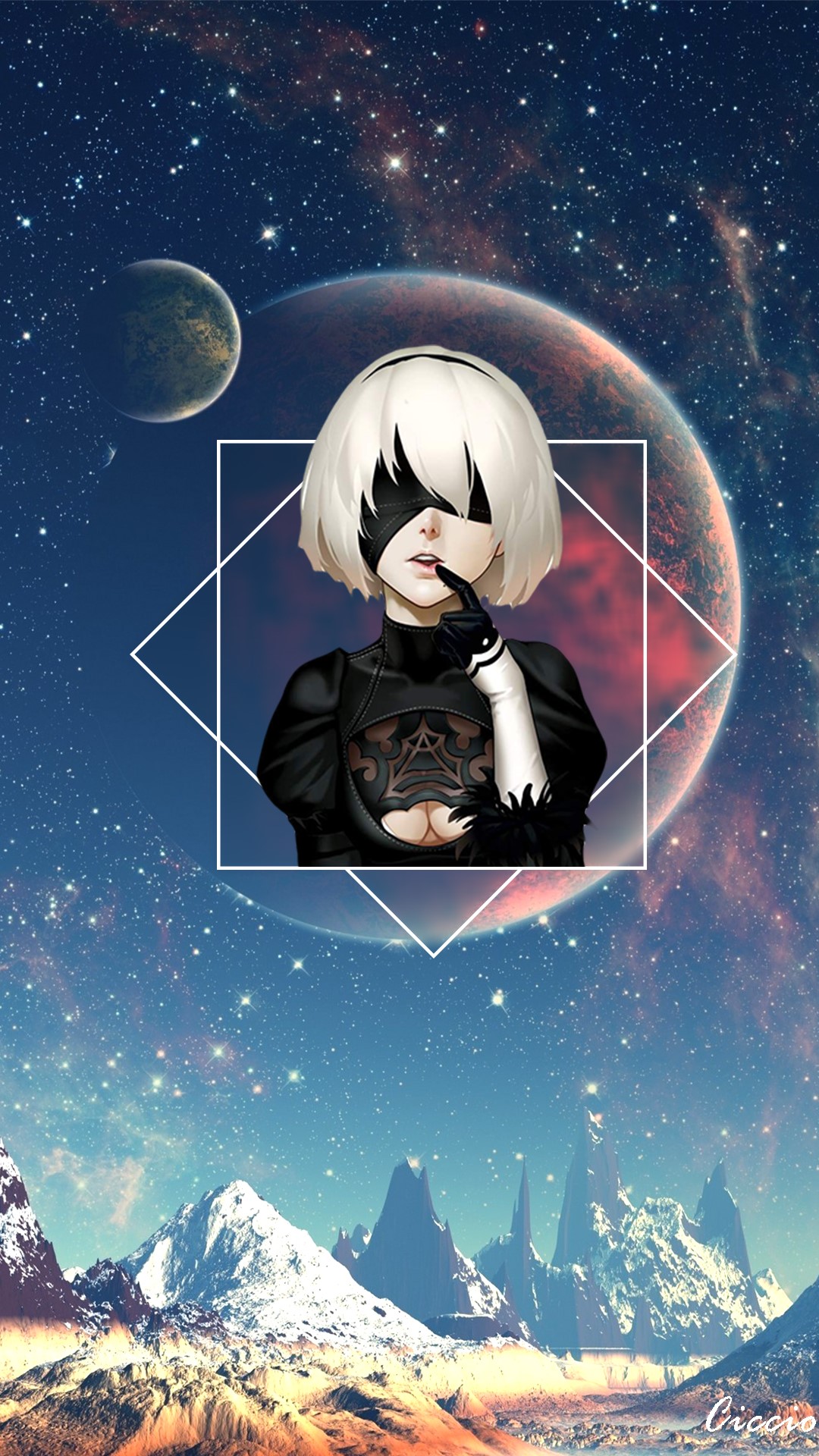 2B from Nier: Automata in Space HD Phone Wallpaper