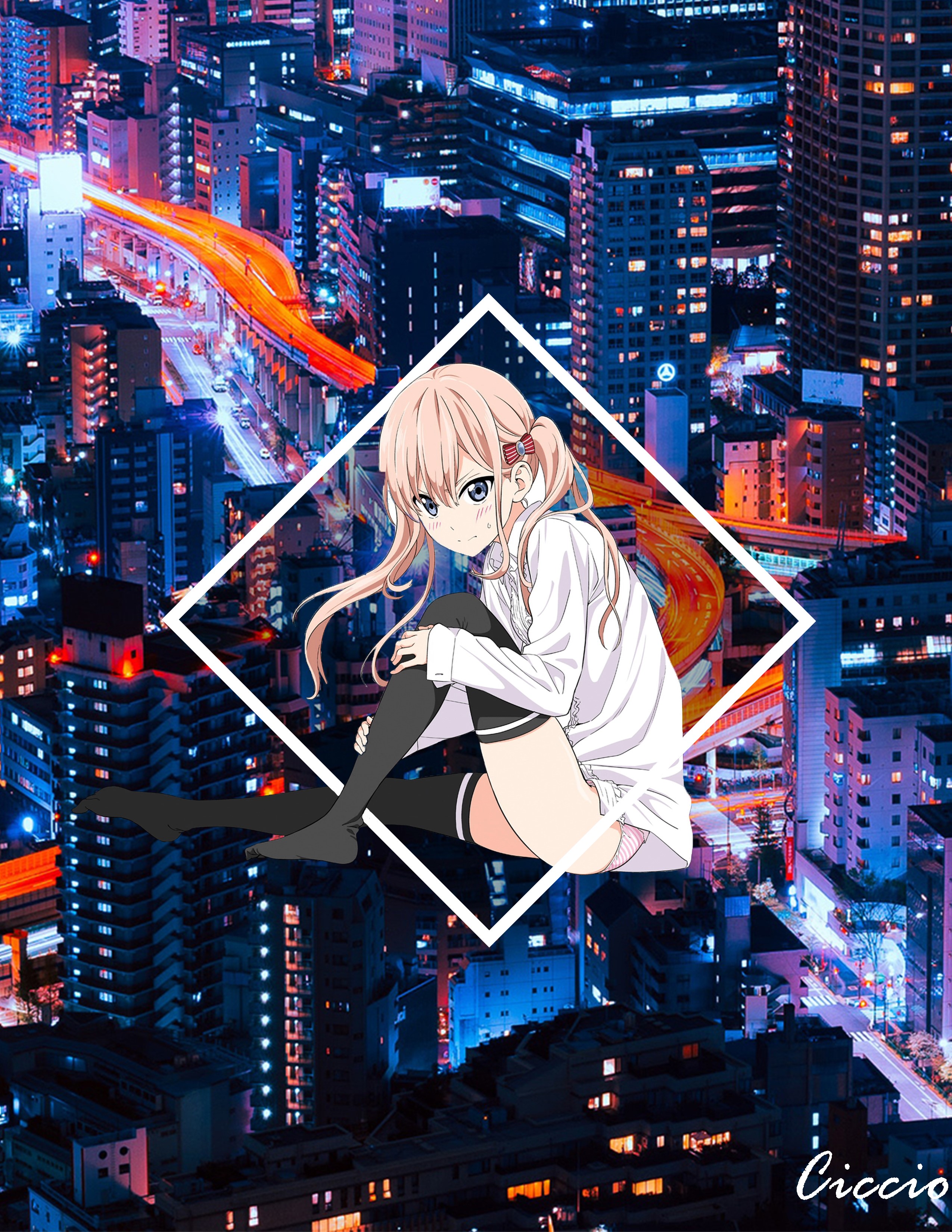 Anime girl in stockings in a city at night HD Phone Wallpaper