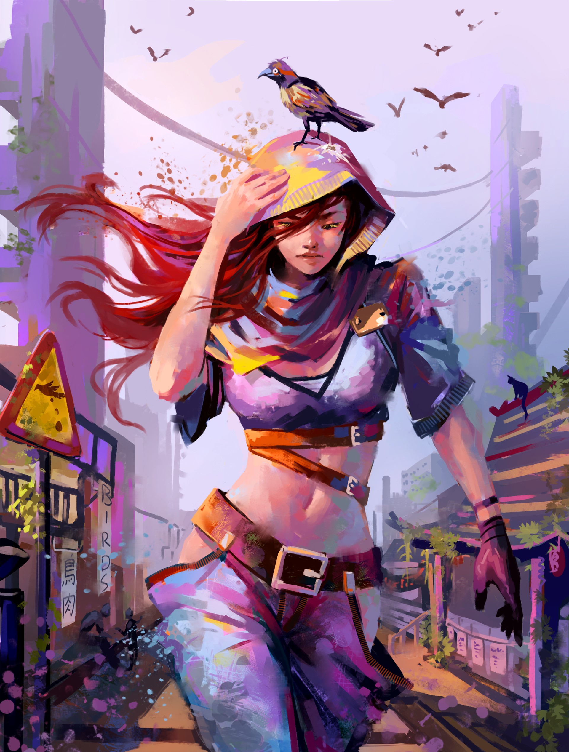 Woman with red hair and bird on hood in city HD Phone Wallpaper