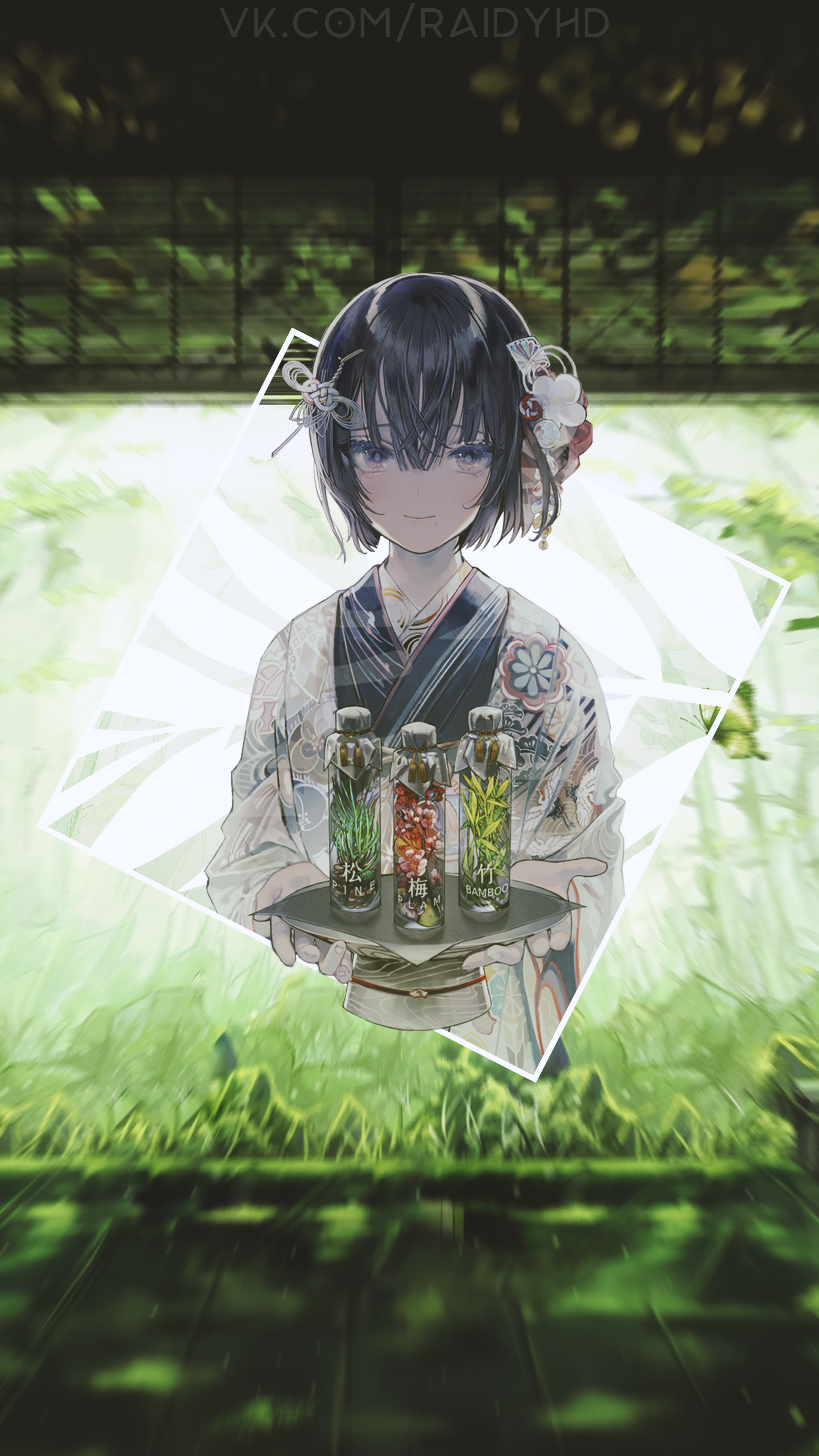 Anime girl in kimono holding bottles of tea HD Phone Wallpaper
