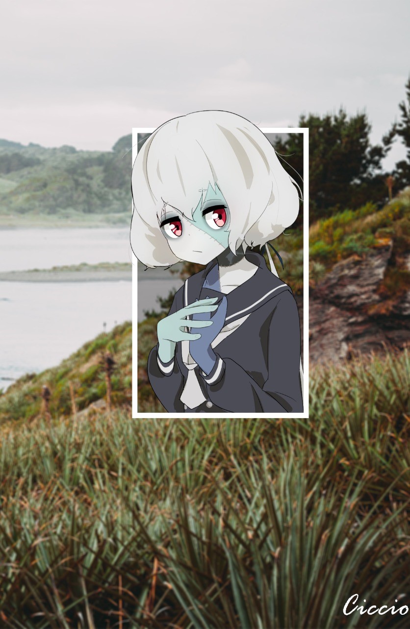 Anime girl with red eyes in a landscape HD Phone Wallpaper