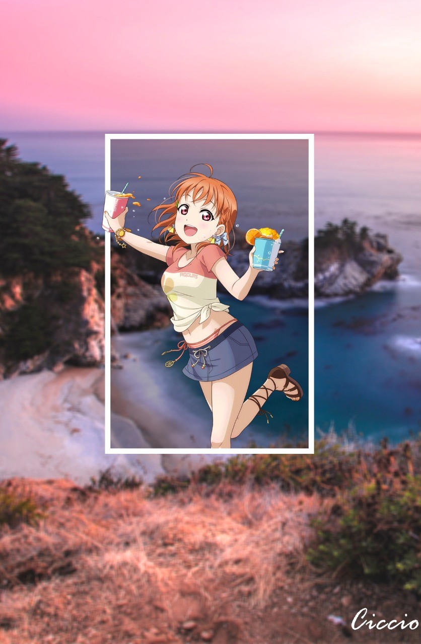 Anime girl with drinks on a beach background HD Phone Wallpaper