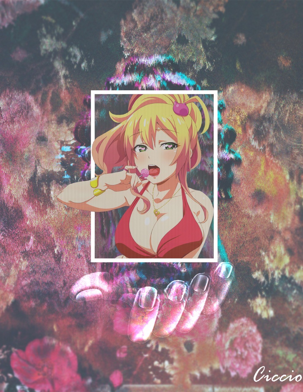 Anime girl with blonde hair eating a lollipop HD Phone Wallpaper