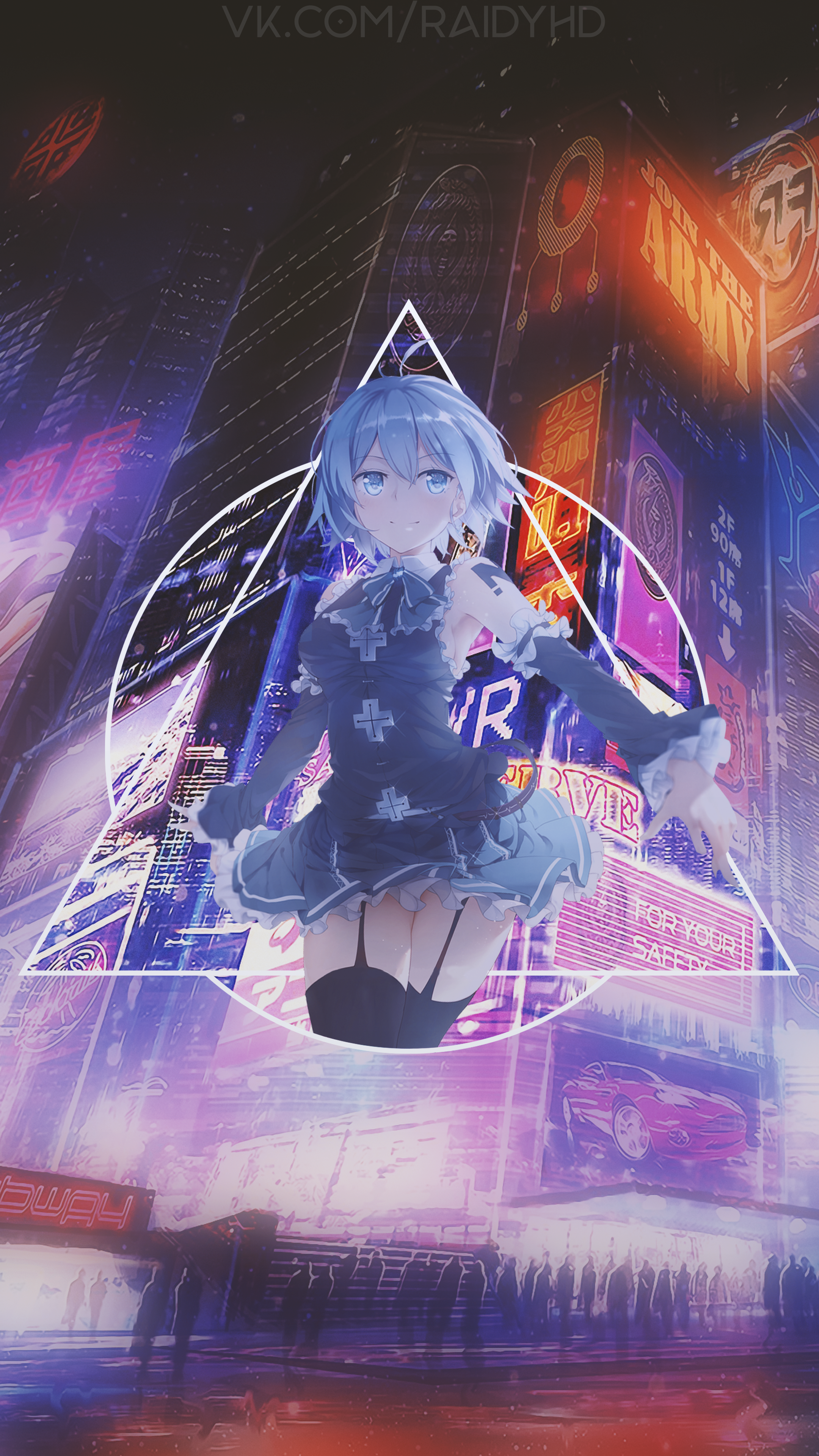 Anime girl in a dark city with neon lights HD Phone Wallpaper